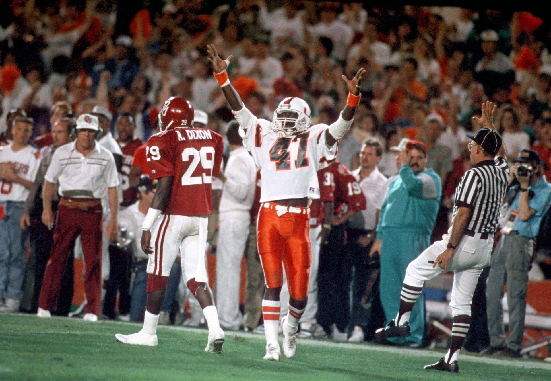 FILE PHOTO; Miami Hurricanes receiver Michael Irvin reacts against the Oklahoma Sooners during the 1988 Orange Bowl. Miami defeated Oklahoma 20-14 to win the national championship.