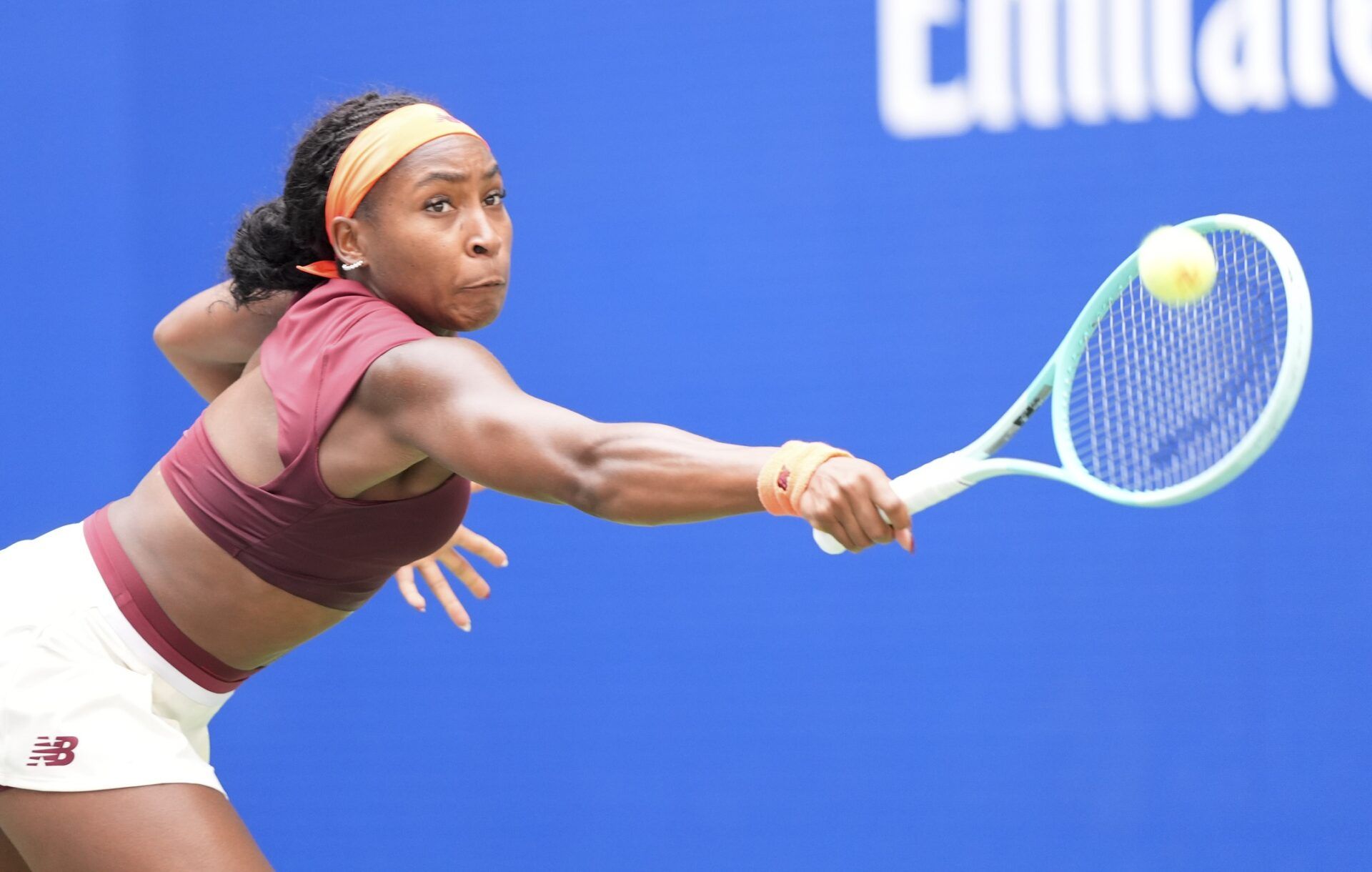 Coco Gauff (USA) hits to Naomi Osaka (JPN) (not pictured) on day nine of the 2025 U.S. Open tennis tournament at the USTA Billie Jean King National Tennis Center.