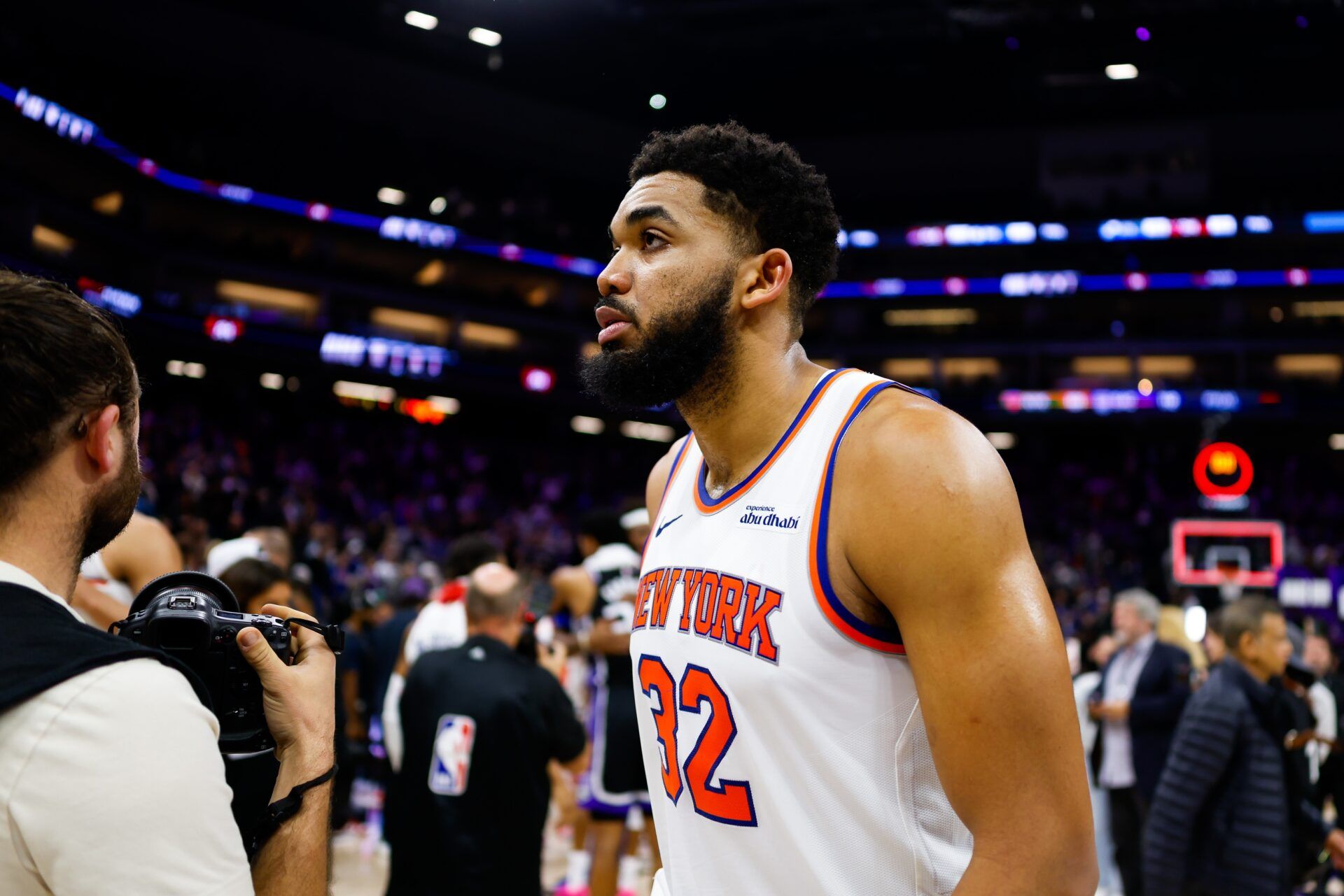 New York Knicks center Karl-Anthony Towns (32) walks off the court after the game against the Sacramento Kings at Golden 1 Center.