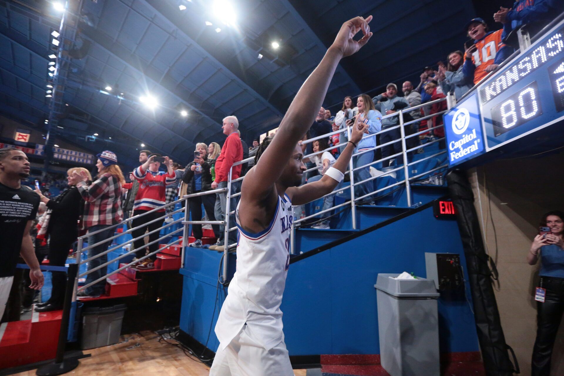 Kansas Jayhawks guard Darryn Peterson (22) yells out to fans following the game against Baylor Bears inside Allen Fieldhouse on Jan. 16, 2026.