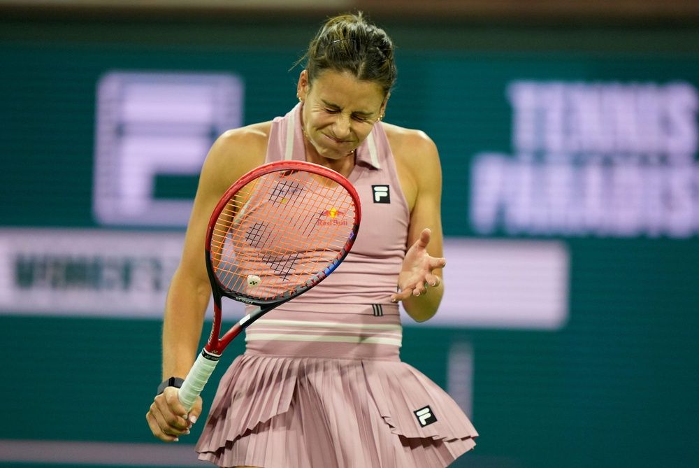 Emma Navarro reacts during her third-round match against Donna Vekic on Stadium 2 at the BNP Paribas Open in Indian Wells, Calif., on Monday, March 10, 2025.