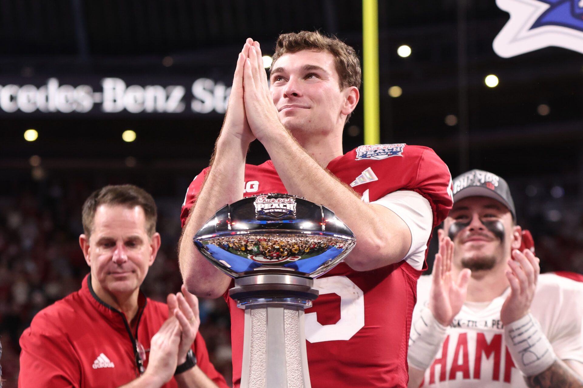 Indiana Hoosiers quarterback Fernando Mendoza (15) reacts after the 2025 Peach Bowl and semifinal game of the College Football Playoff at Mercedes-Benz Stadium.