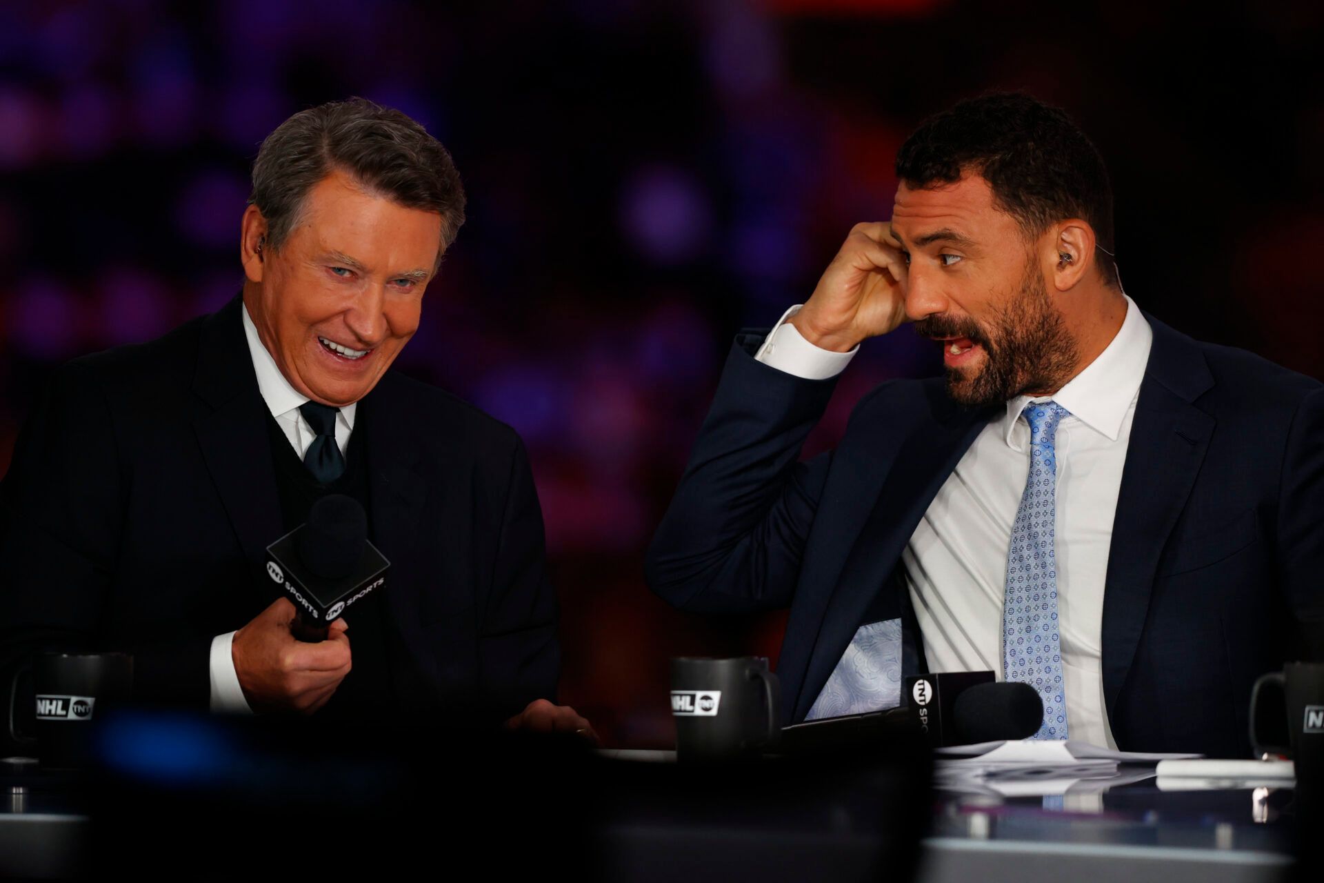 Canadian former ice hockey player Wayne Gretzky (left) and Canadian former hockey player Paul Bissonette are present for the game between Edmonton Oilers and Florida Panthers in game five of the 2025 Stanley Cup Final at Rogers Place.