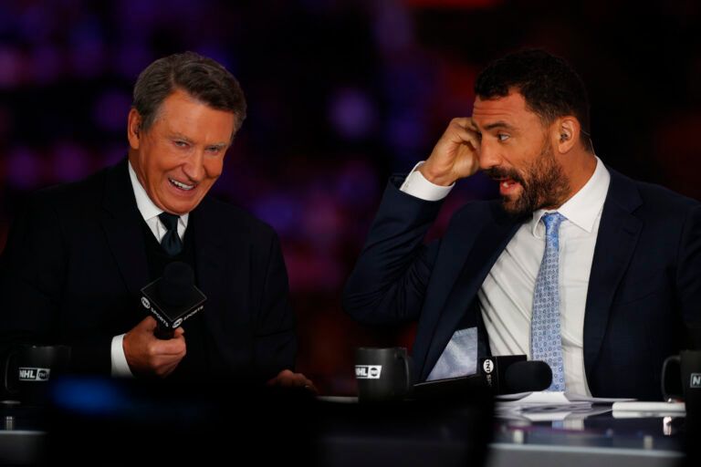 Canadian former ice hockey player Wayne Gretzky (left) and Canadian former hockey player Paul Bissonette are present for the game between Edmonton Oilers and Florida Panthers in game five of the 2025 Stanley Cup Final at Rogers Place.