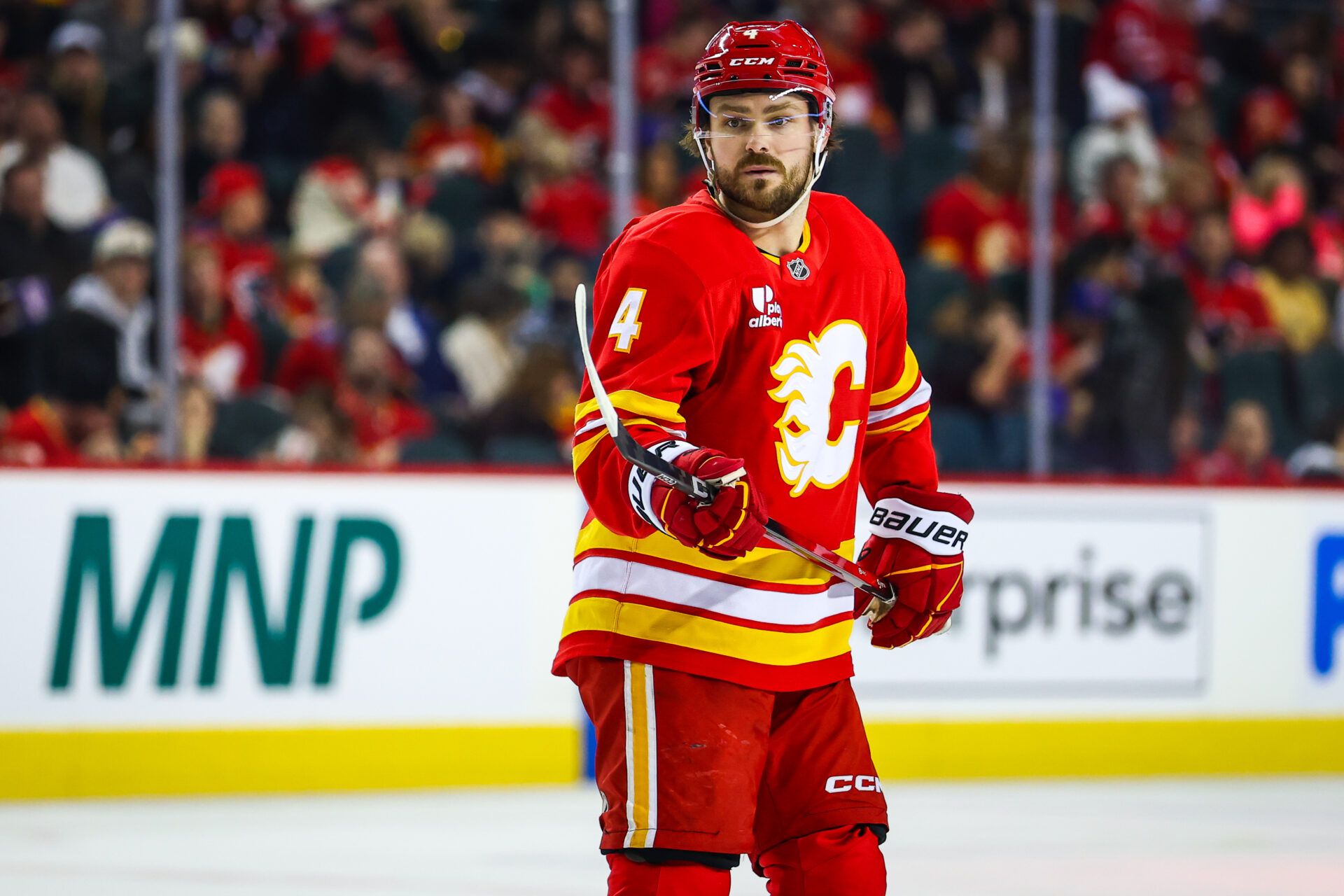 Former Calgary Flames defenseman Rasmus Andersson (4) at Scotiabank Saddledome.