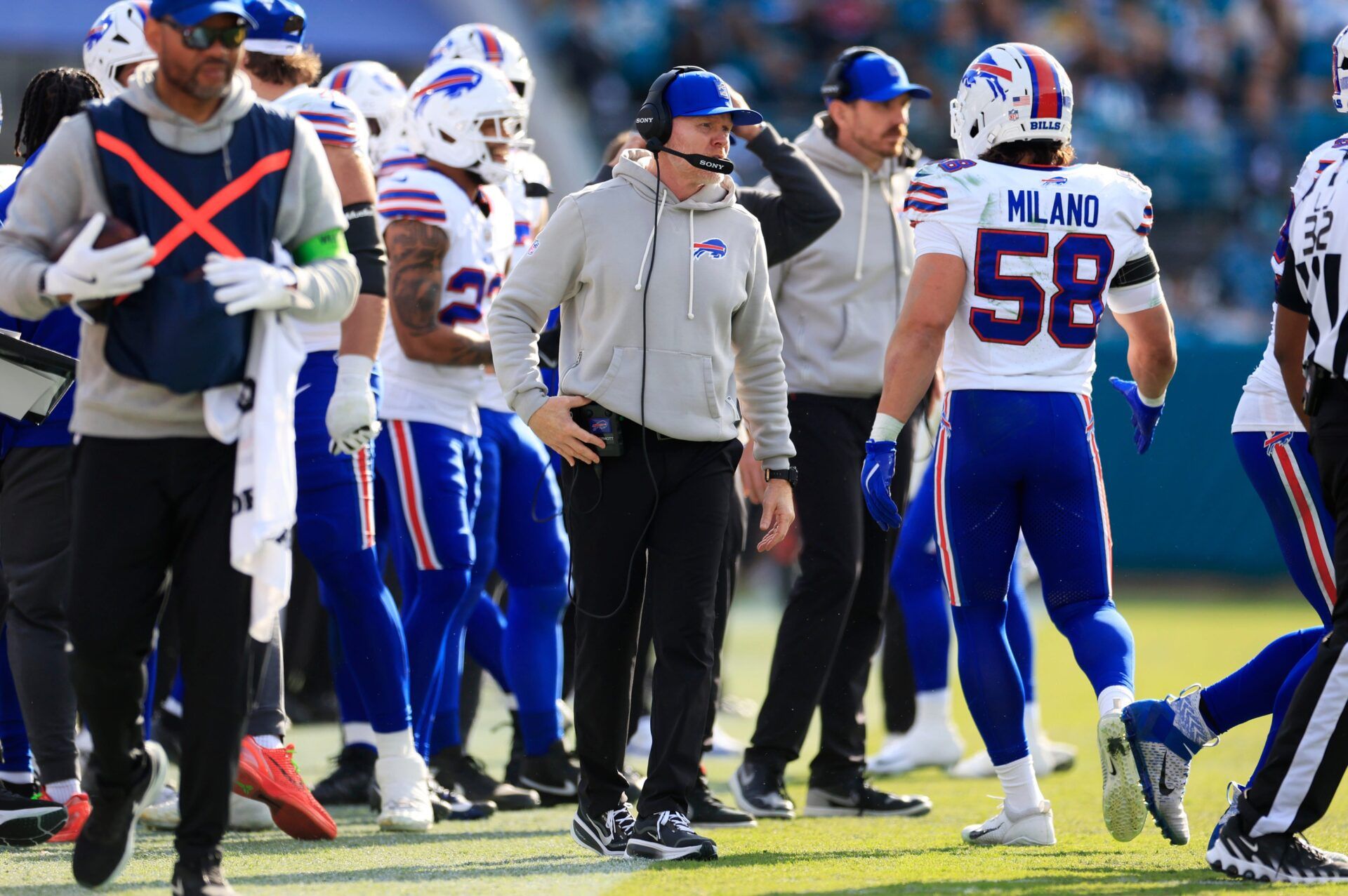Buffalo Bills head coach Sean McDermott looks on during the third quarter of an NFL football AFC Wild Card playoff matchup, Sunday, Jan. 11, 2026, in Jacksonville, Fla. The Bills defeated the Jaguars 27-24. [Corey Perrine/Florida Times-Union]