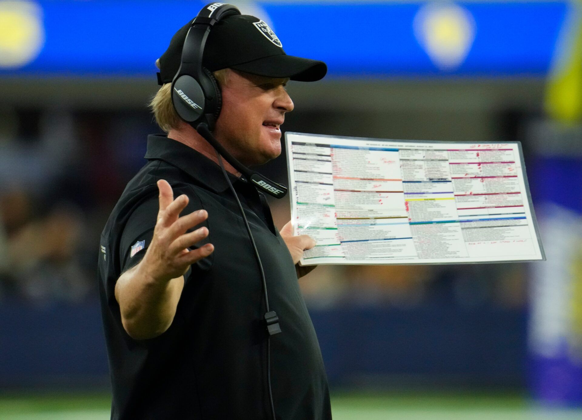 Las Vegas Raiders head coach Jon Gruden gestures to referees during the third quarter against the Los Angeles Rams at SoFi Stadium.