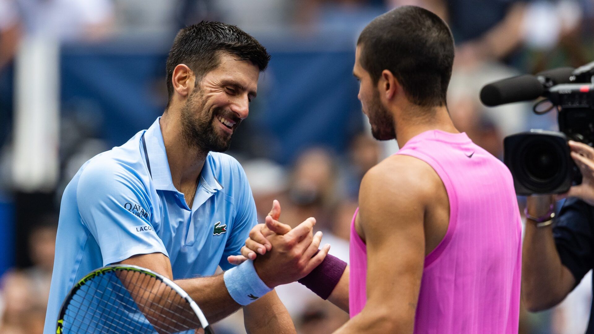 Carlos Alcaraz of Spain and Novak Djokovic of Serbia embraces after their match in the semifinal of the mens singles at the US Open at Arthur Ashe Stadium in Billie Jean King National Tennis Center.