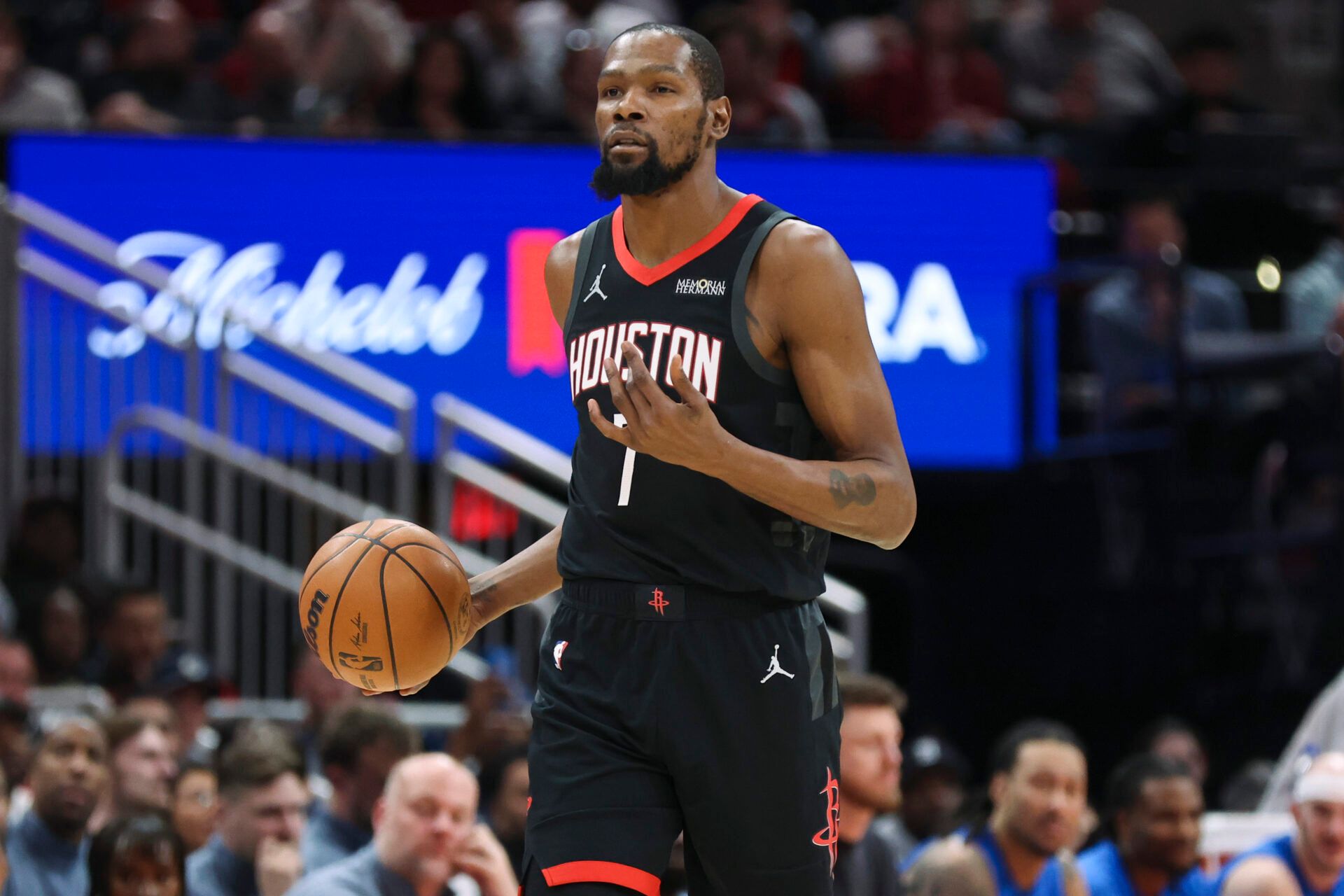 Houston Rockets forward Kevin Durant (7) dribbles the ball during the first quarter against the Oklahoma City Thunder at Toyota Center.