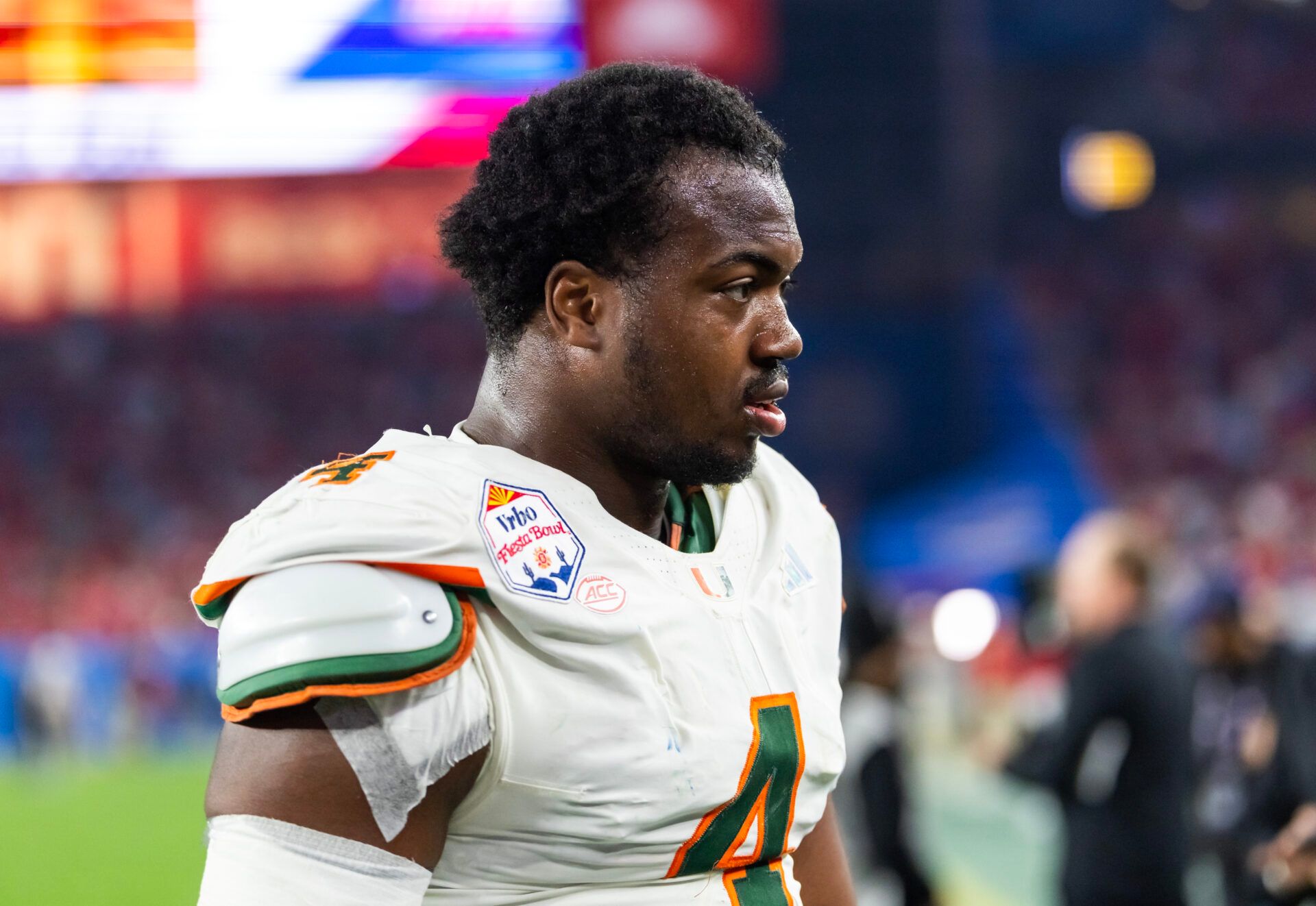 Miami Hurricanes defensive lineman Rueben Bain Jr. (4) against the Mississippi Rebels during the 2026 Fiesta Bowl and semifinal game of the College Football Playoff at State Farm Stadium.