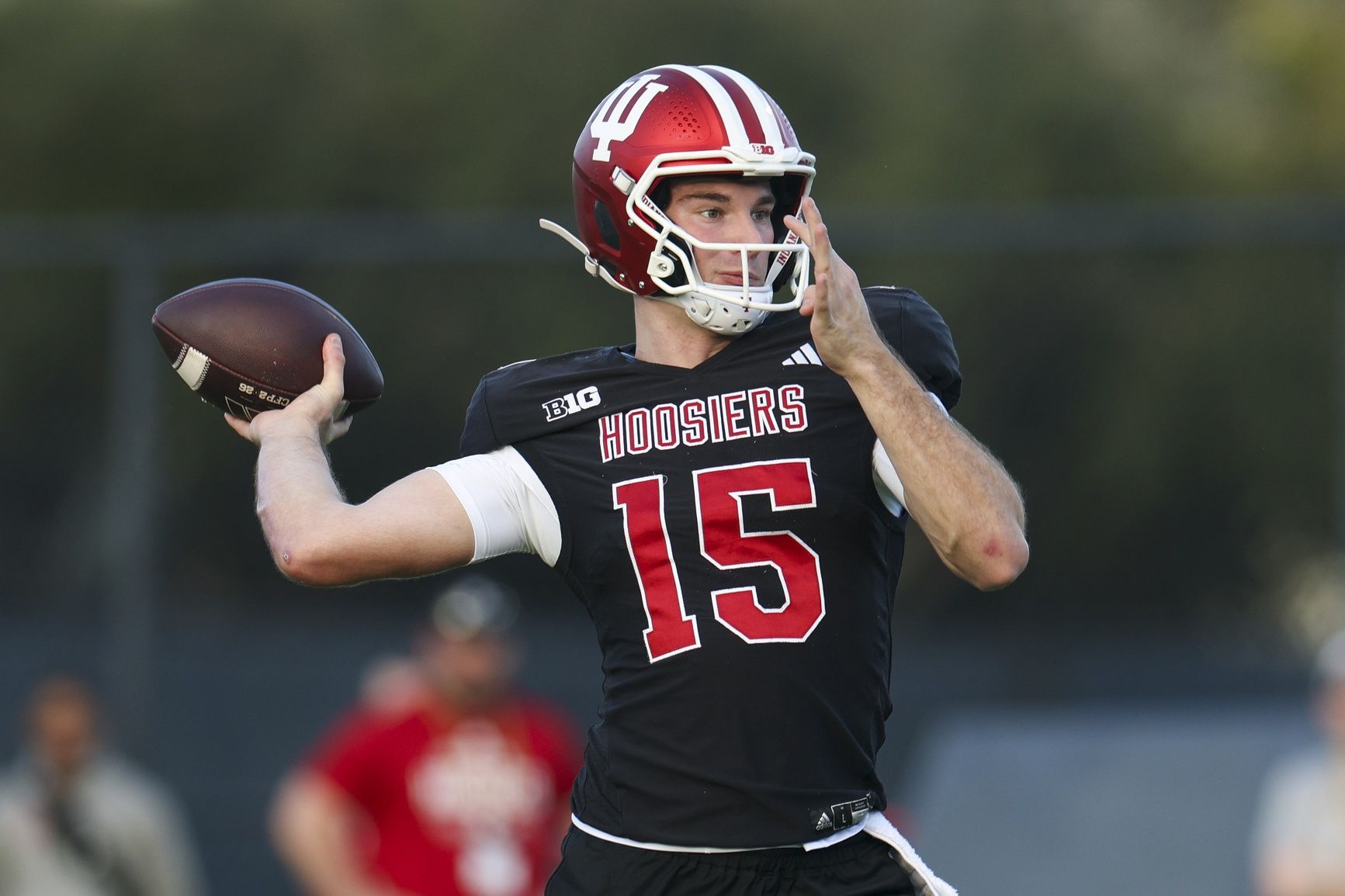 Indiana Hoosiers quarterback Fernando Mendoza (15) participates in a practice for the College Football Playoff National Championship game against the Miami Hurricanes.