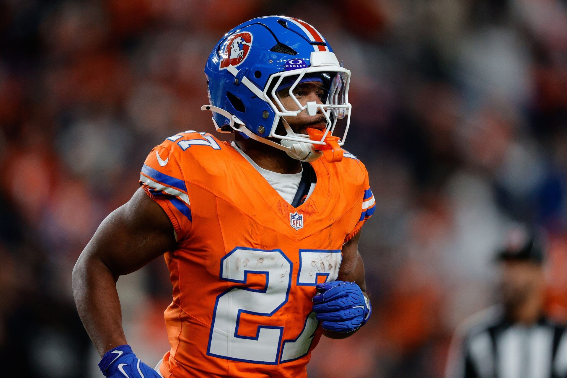 Denver Broncos running back J.K. Dobbins (27) in the fourth quarter against the Las Vegas Raiders at Empower Field at Mile High.