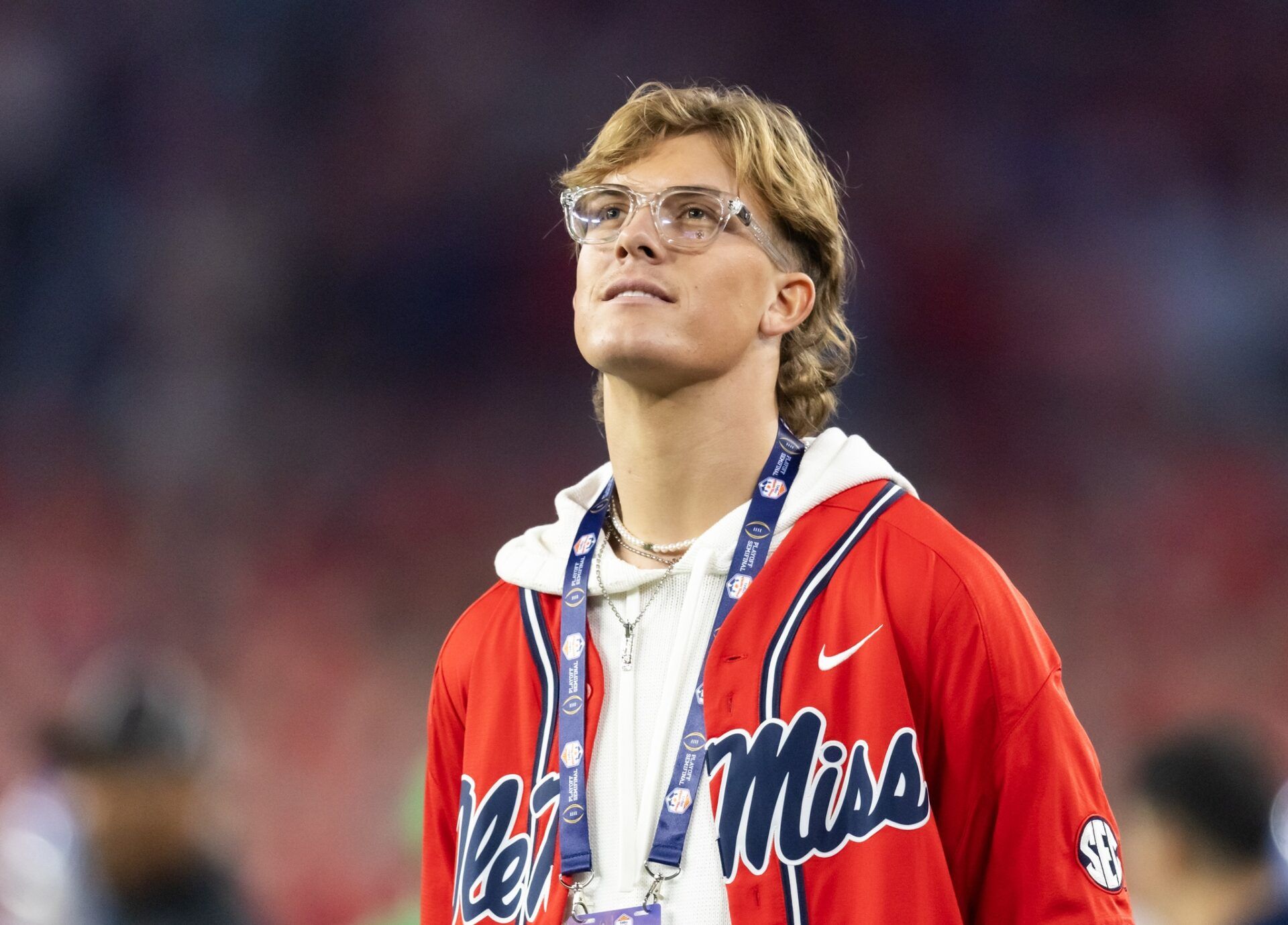 Mississippi Rebels former quarterback Jaxson Dart in attendance against the Miami Hurricanes during the 2026 Fiesta Bowl and semifinal game of the College Football Playoff at State Farm Stadium.