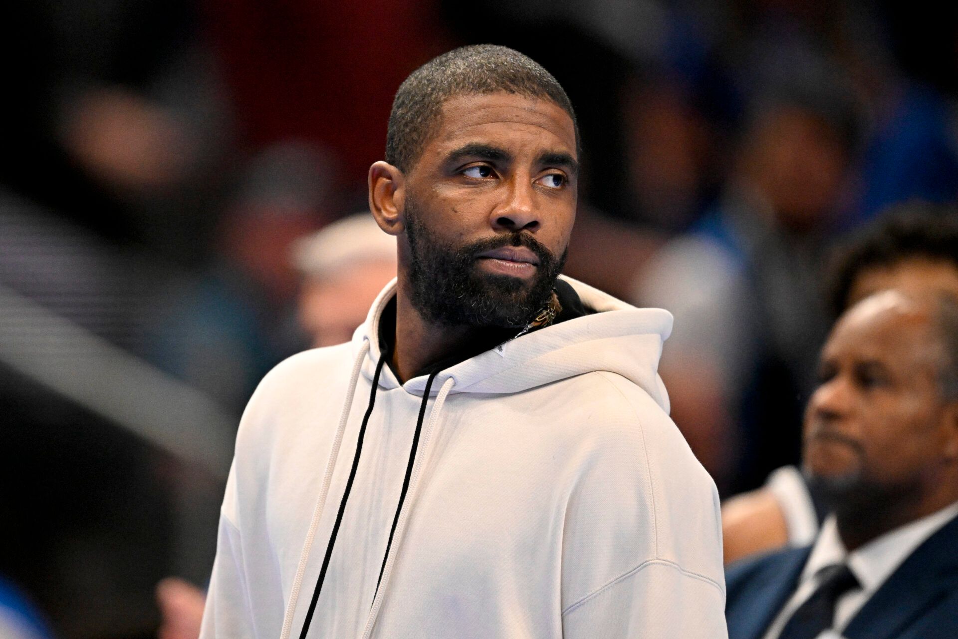 Dallas Mavericks guard Kyrie Irving looks on during the second half against the LA Clippers in an NBA Cup game at the American Airlines Center.