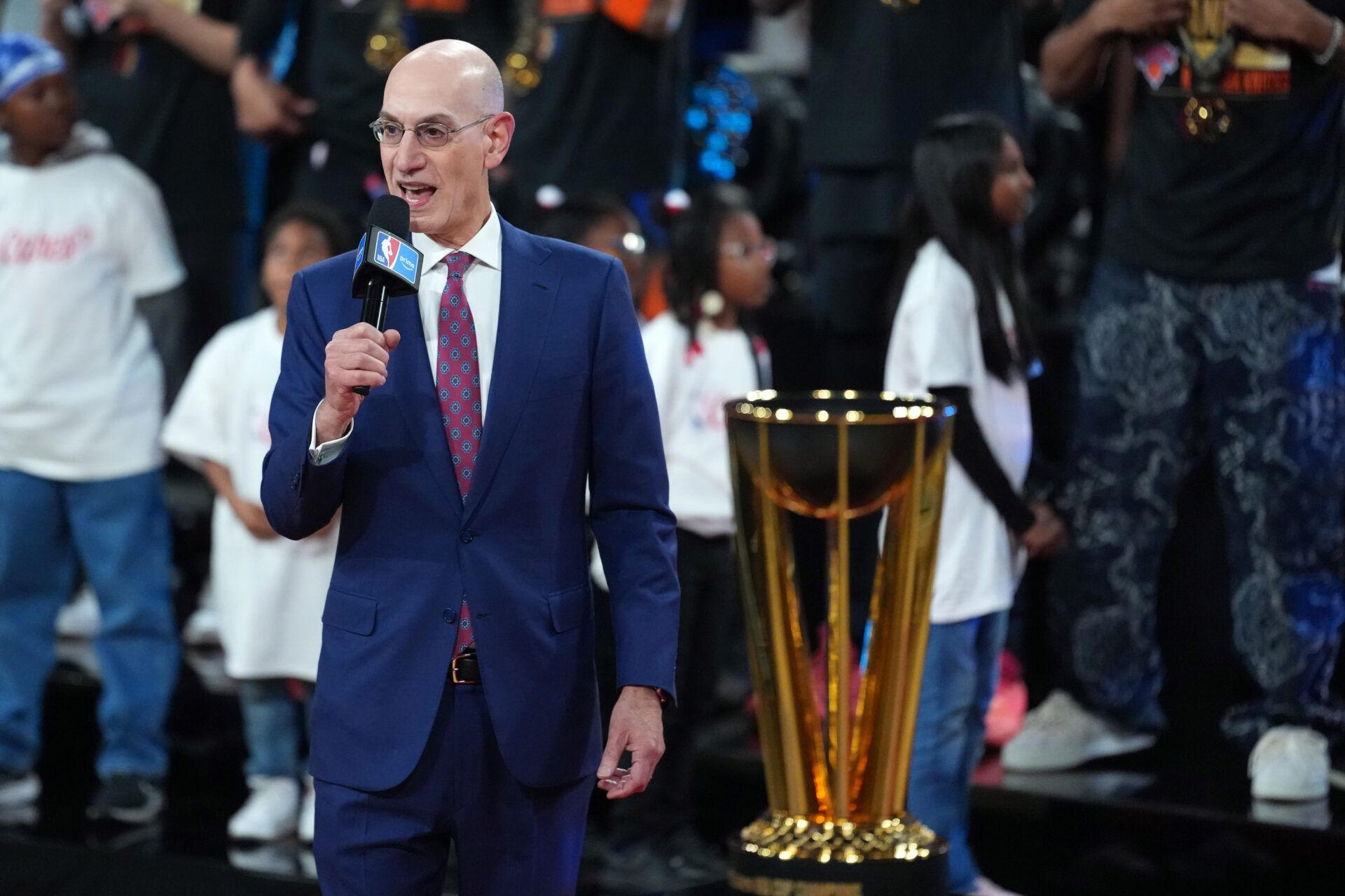 NBA commissioner Adam Silver speak during the Emirates NBA Cup trophy presentation at T-Mobile Arena.