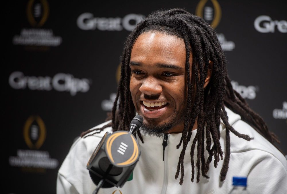 University of Miami's Mark Fletcher Jr. talks at Media Day during the College Football Playoff on Saturday, Jan. 17, 2026