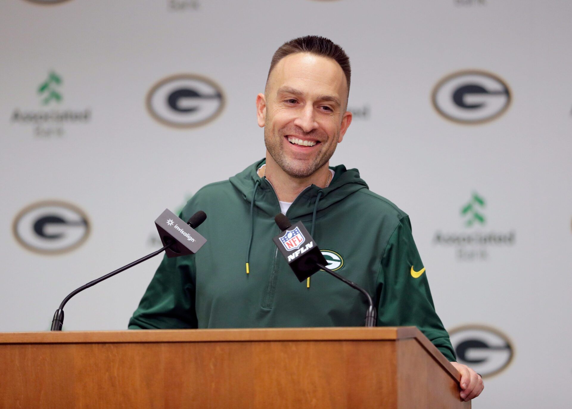 Green Bay Packers defensive coordinator Jeff Hafley speaks during a press conference Thursday, February 22, 2024, at Lambeau Field in Green Bay, Wis.