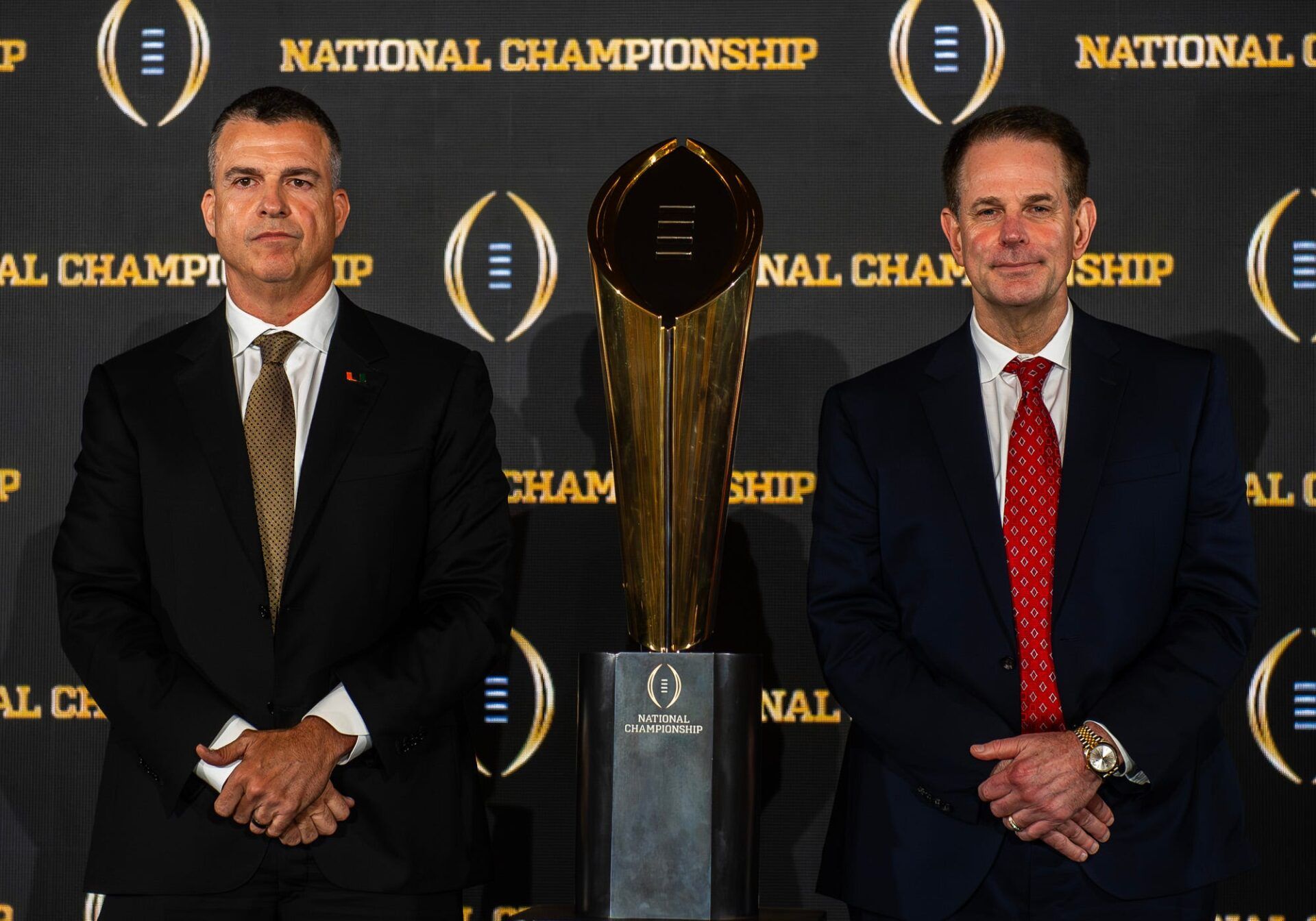 Indiana Head Coach Curt Cignetti and University of Miami Head Coach Mario Christobal at the coaches press conference during the College Football Playoff on Sunday, Jan. 18, 2025.