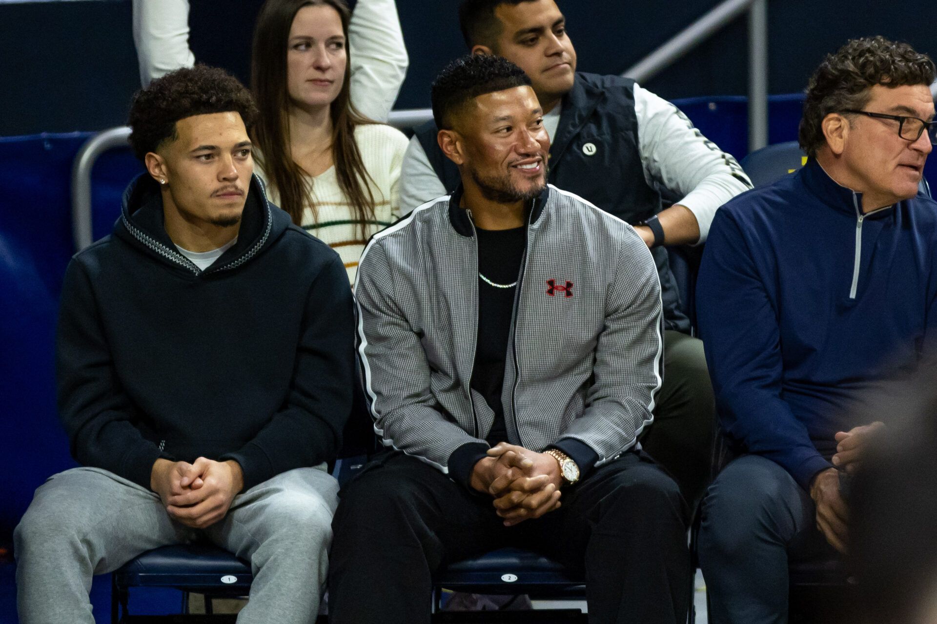 Notre Dame Fighting Irish head football coach Marcus Freeman in attendance of the men’s basketball game against the Miami (FL) Hurricanes during the first half at Purcell Pavilion at the Joyce Center.