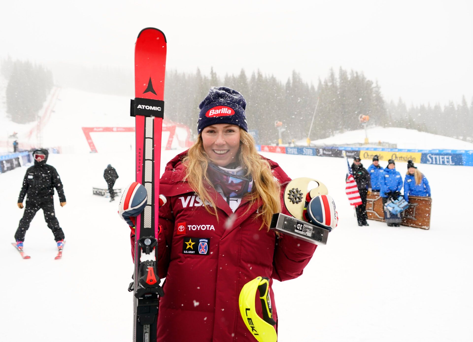 Mikaela Shiffrin of the United States celebrates after winning the women's slalom alpine skiing race at the Stifel Copper Cup at Copper Mountain.