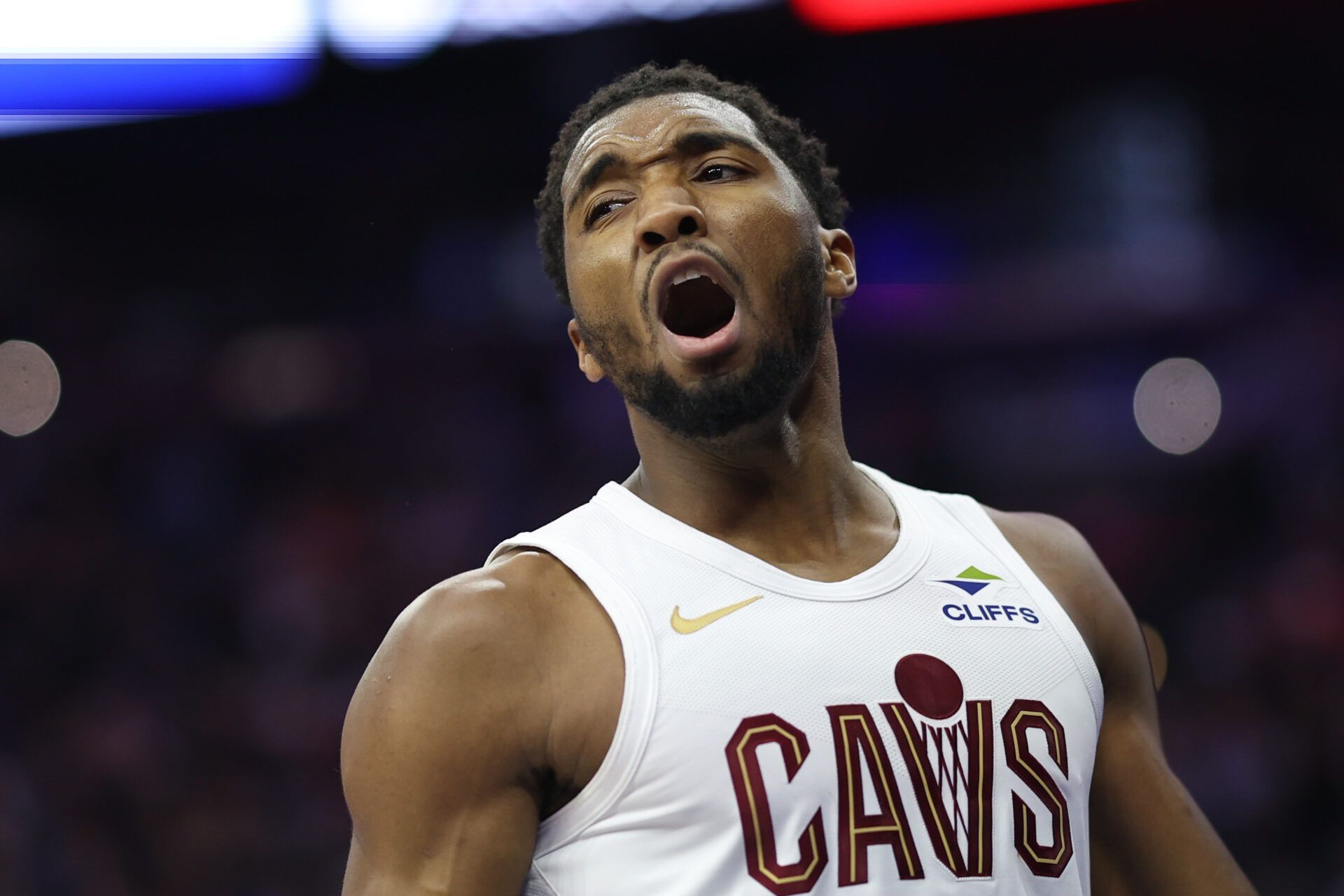 Cleveland Cavaliers guard Donovan Mitchell (45) reacts after a play against the Philadelphia 76ers during the third quarter at Xfinity Mobile Arena.