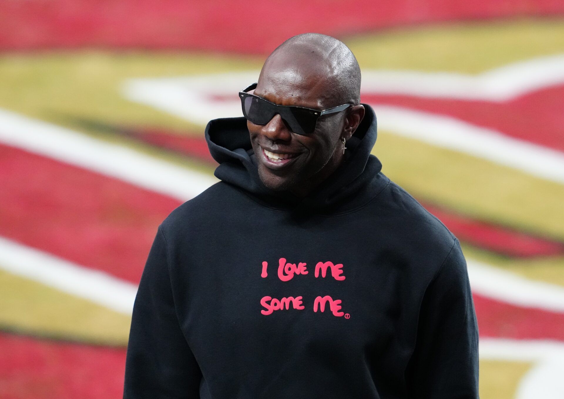 San Francisco 49ers former receiver Terrell Owens before Super Bowl LVIII against the Kansas City Chiefs at Allegiant Stadium.