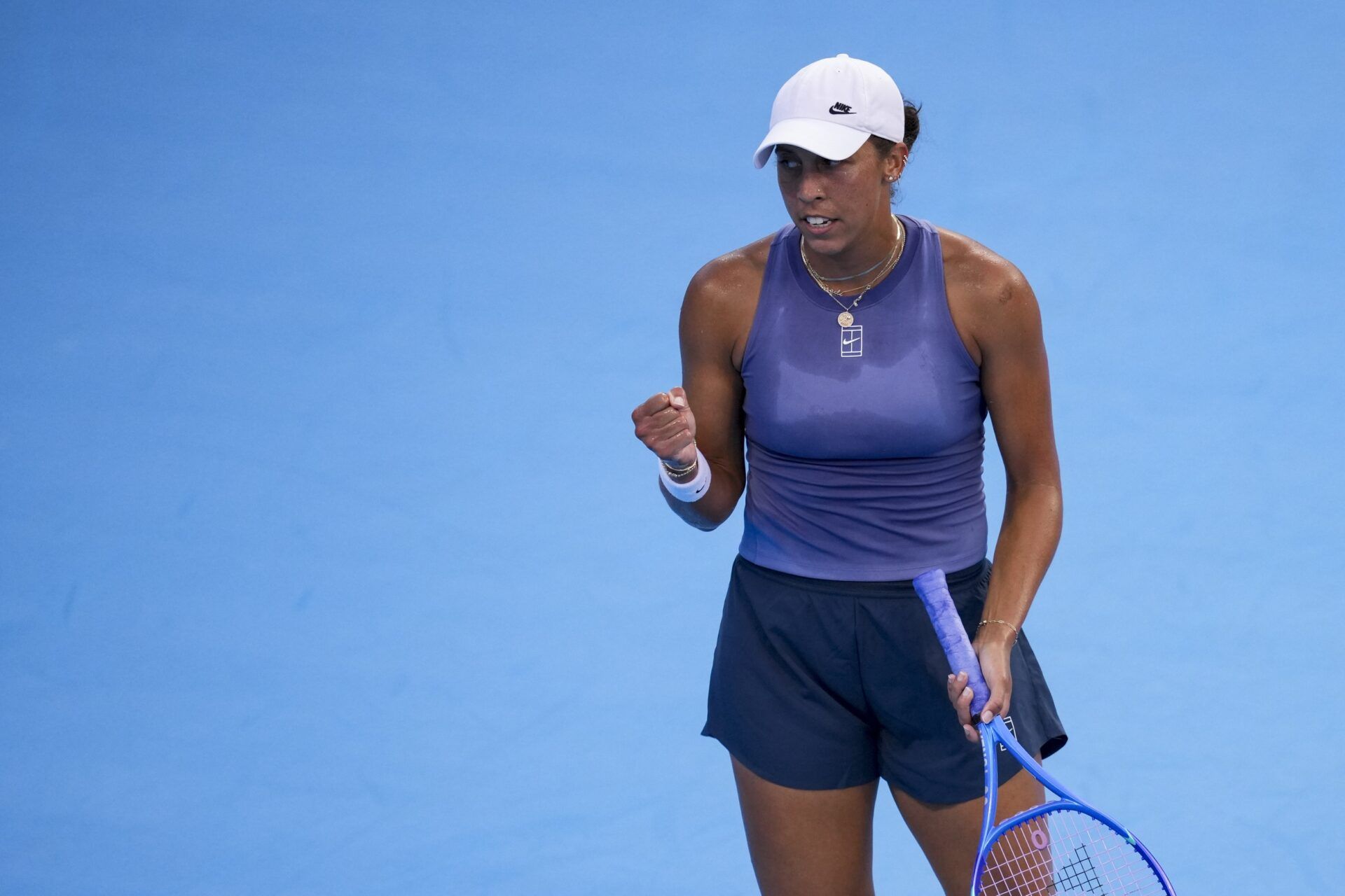 Madison Keys (USA) reacts after returning a shot against Elena Rybakina (KAZ) during the Cincinnati Open at the Lindner Family Tennis Center.