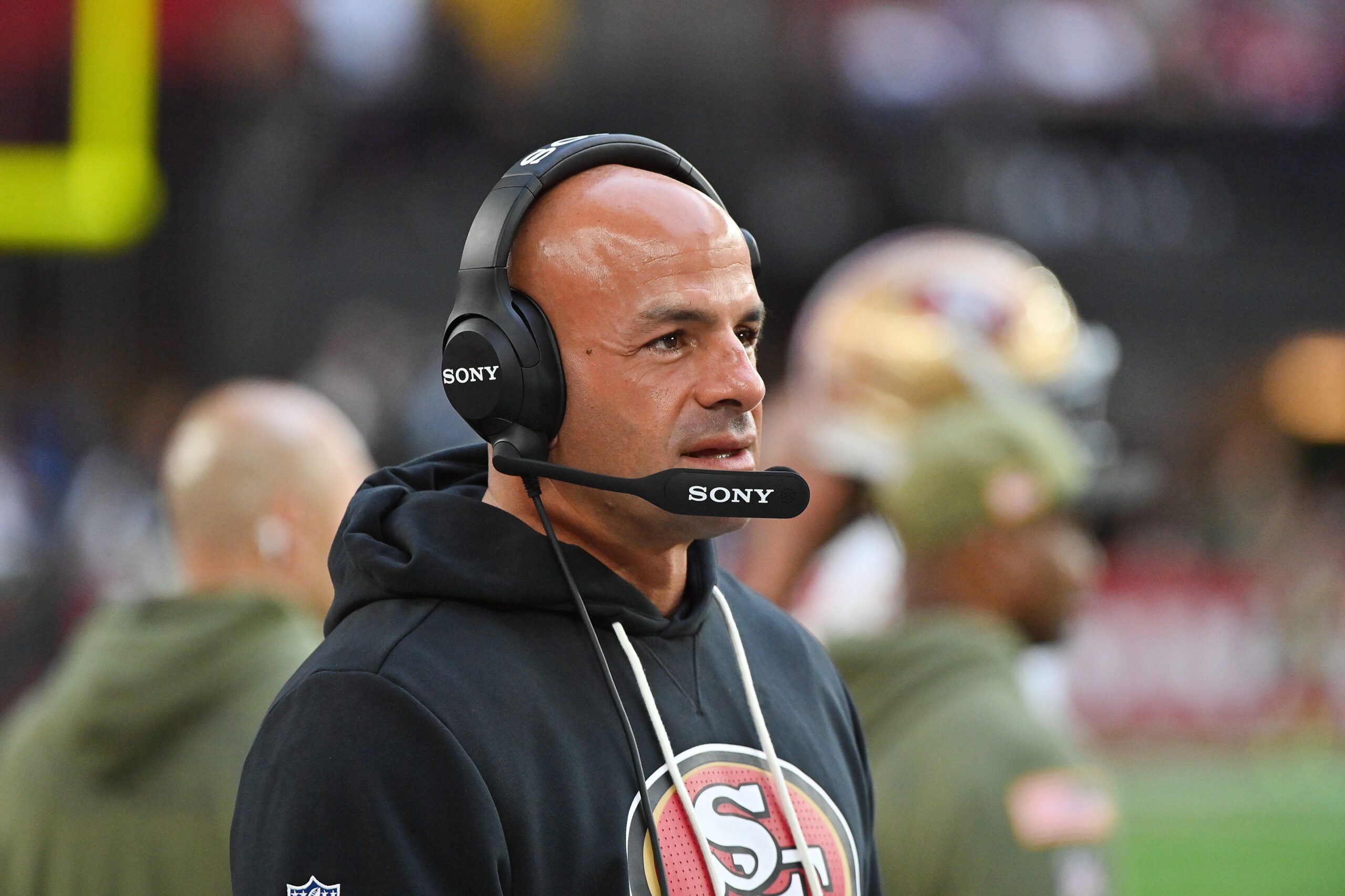 San Francisco 49ers defensive coordinator Robert Saleh looks on in the third quarter against the Arizona Cardinals at State Farm Stadium.