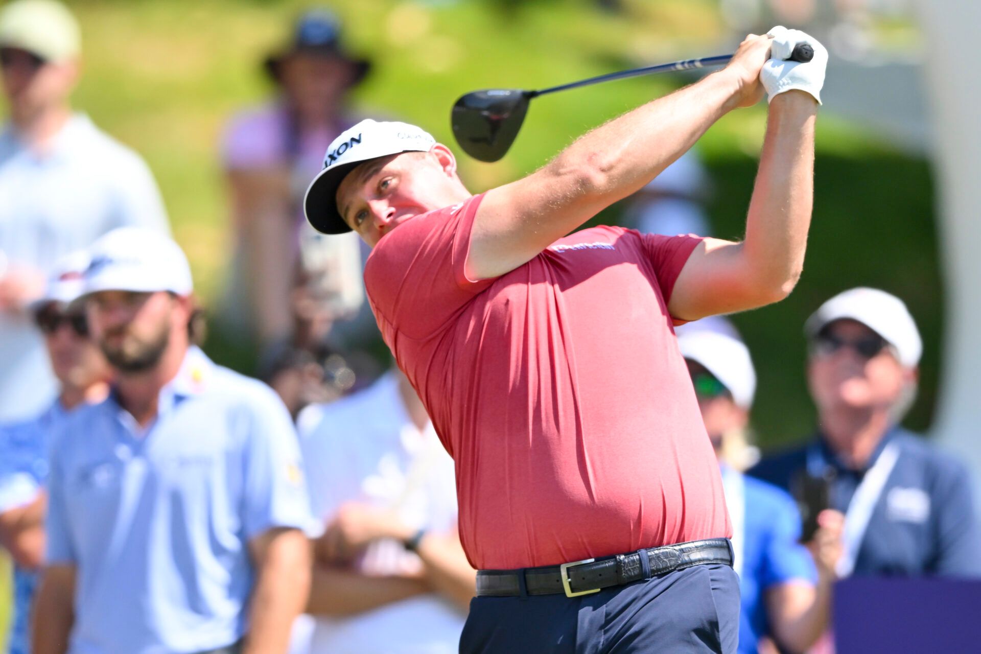 Sepp Straka plays his shot from the first tee during the third round of the FedEx St. Jude Championship golf tournament.