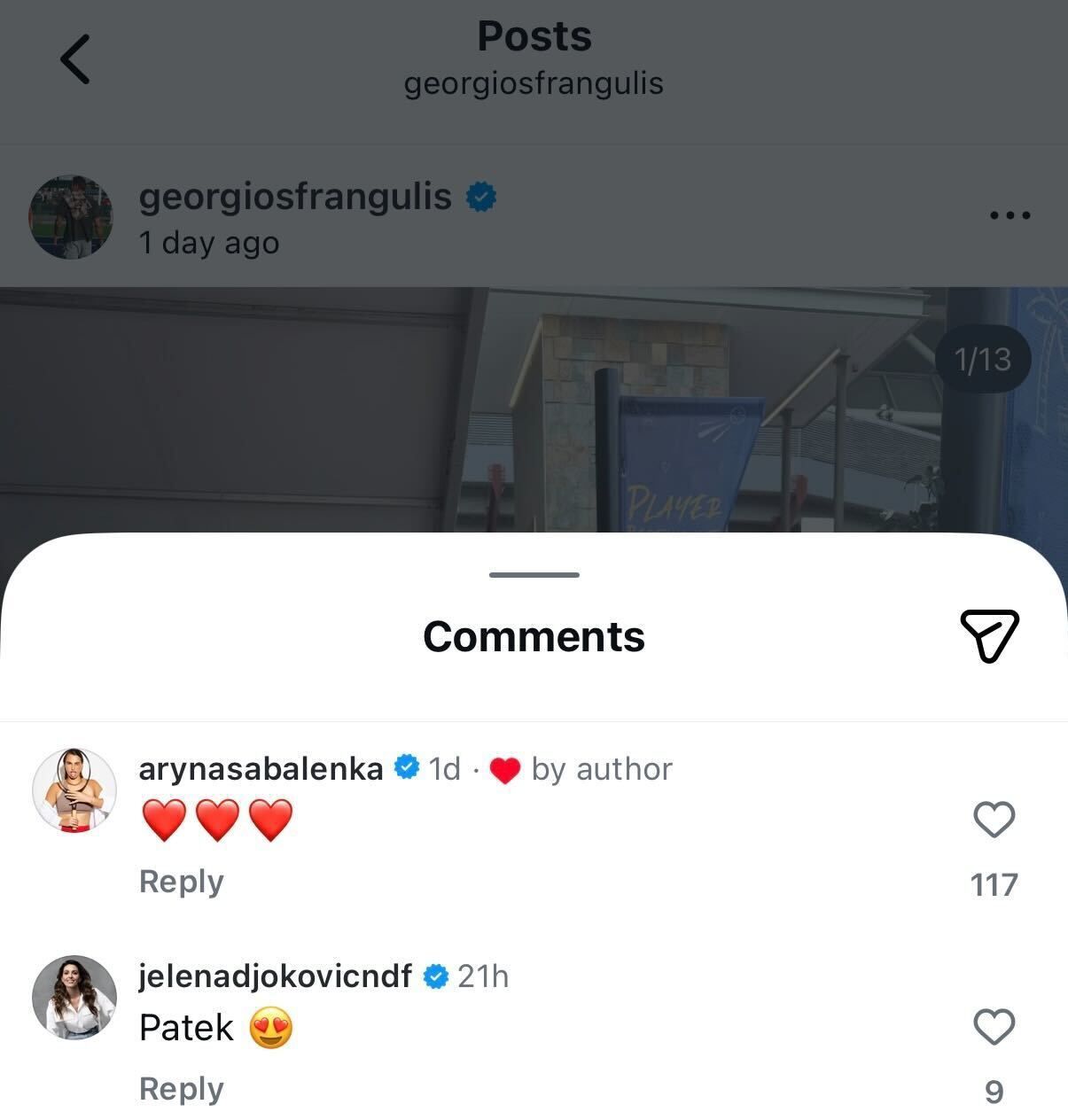 Screen grab of Novak Djokovic’s wife Jelena's comment