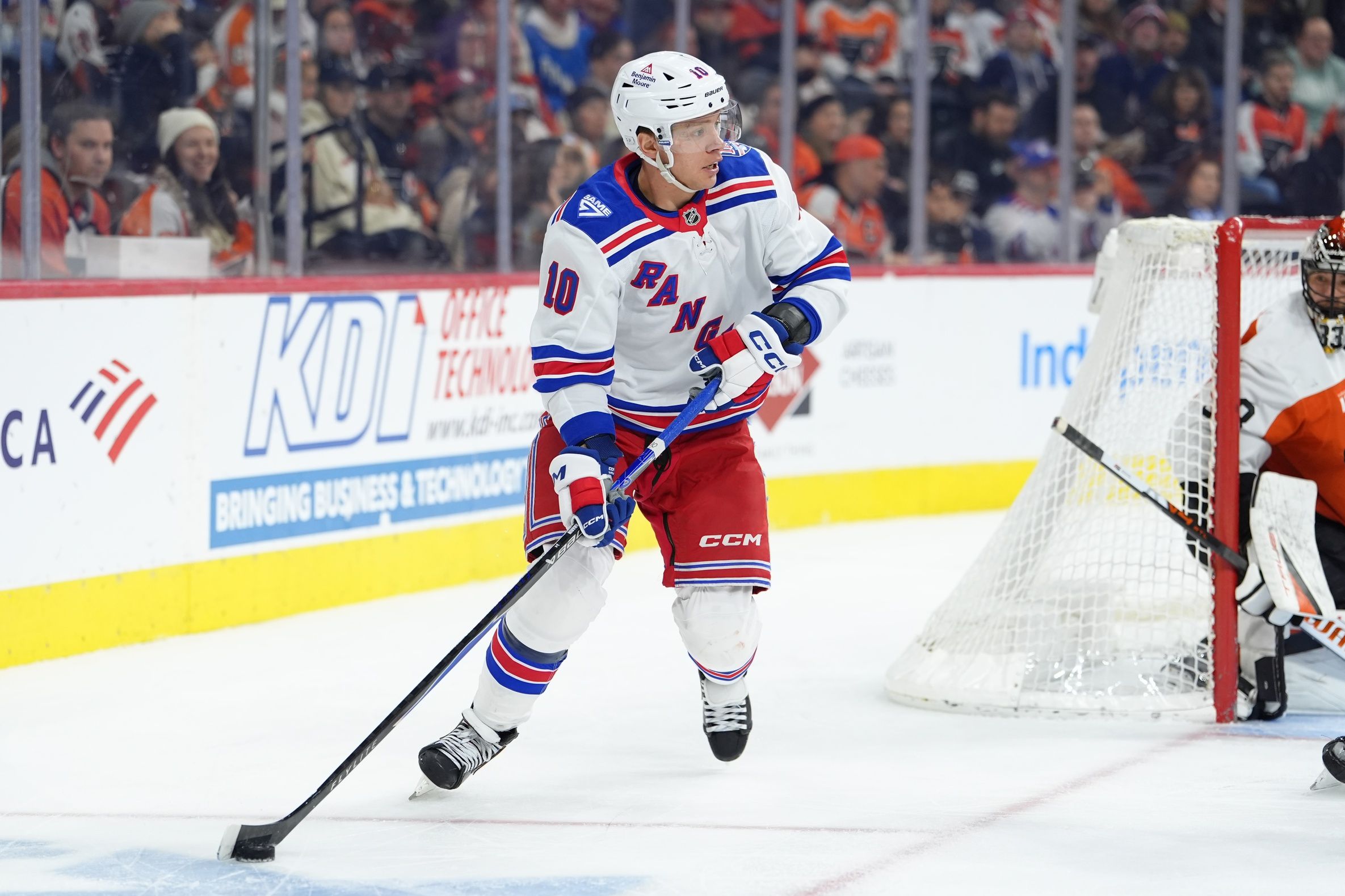 New York Rangers right wing Artemi Panarin (10) controls the puck against the Philadelphia Flyers in the first period at Xfinity Mobile Arena.