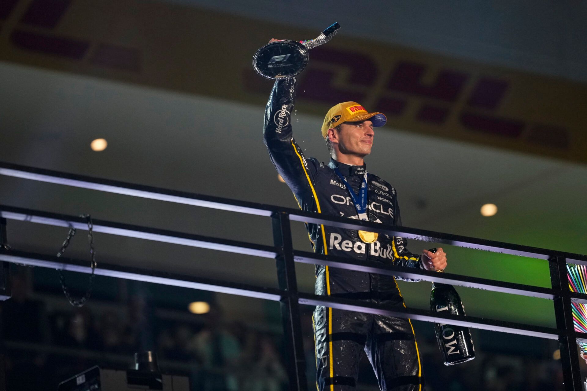 Red Bull Racing driver Max Verstappen (1) celebrates after winning the Las Vegas Grand Prix at the Las Vegas Strip Circuit.