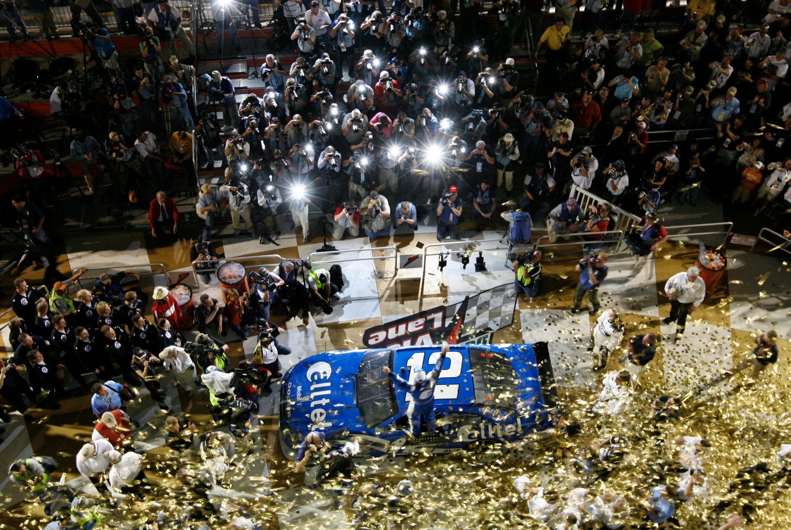 Ryan Newman stands on his No. 12 Dodge in Victory Lane after winning the Daytona 500, Sunday, February 17, 2008 at Daytona International Speedway.