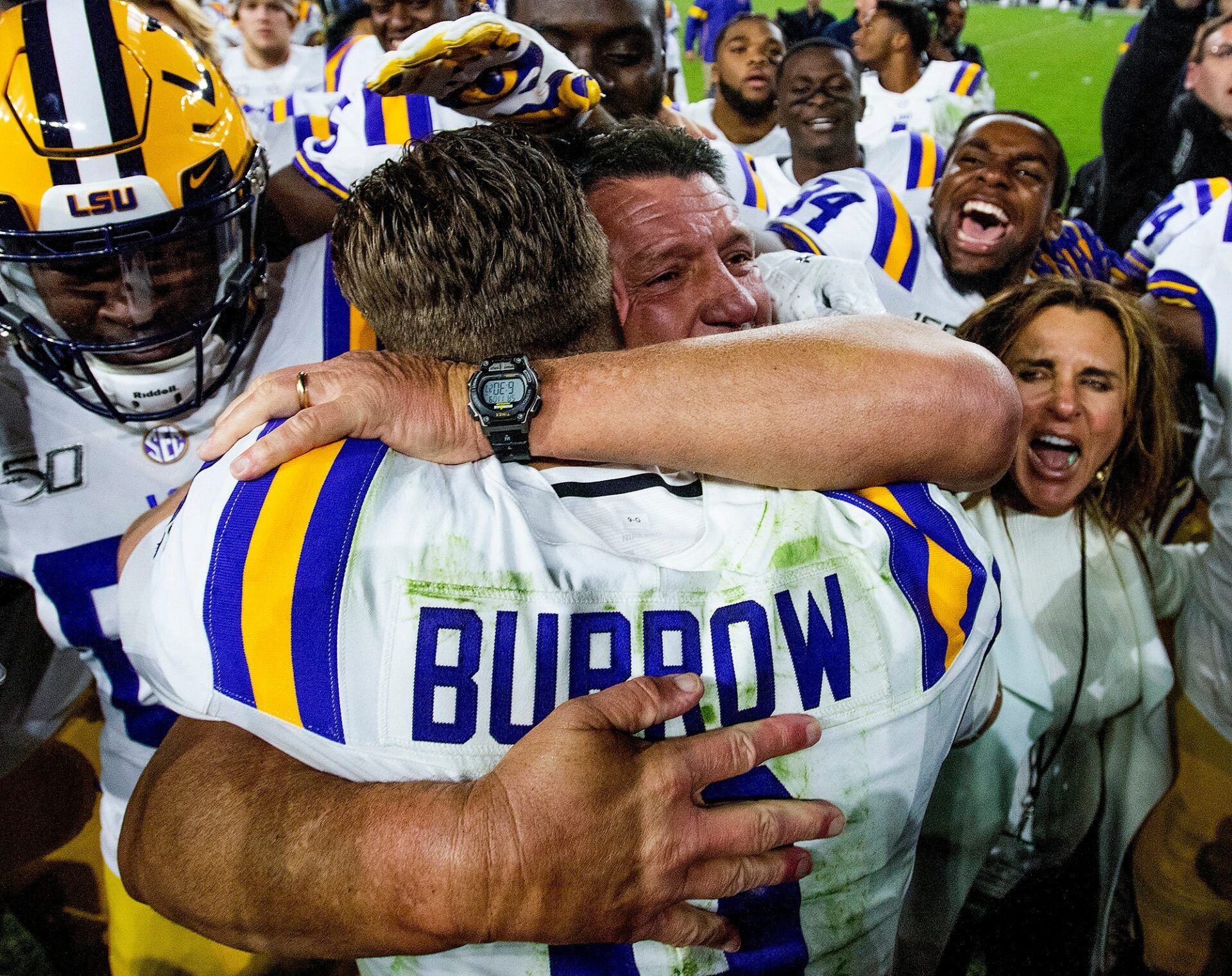 LSU head coach Ed Orgeron hugs quarterback Joe Burrow (9) after defeating Alabama at Bryant-Denny Stadium in Tuscaloosa, Ala., on Saturday November 9, 2019.

Bama935