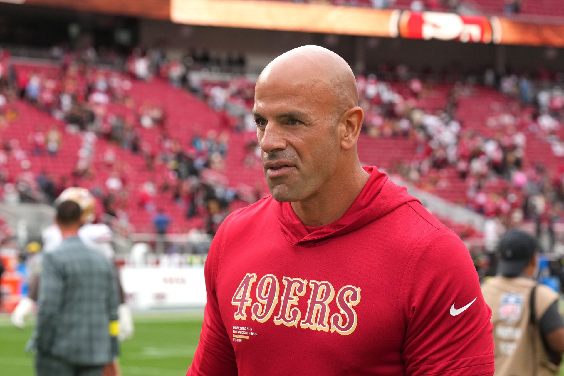San Francisco 49ers defensive coordinator Robert Saleh walks off of the field after the game against the Jacksonville Jaguars at Levi's Stadium.