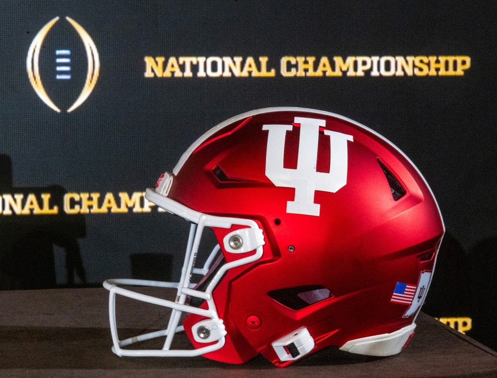 An Indiana University football helmet sits on the table at the coaches press conference during the College Football Playoff on Sunday, Jan. 18, 2025.