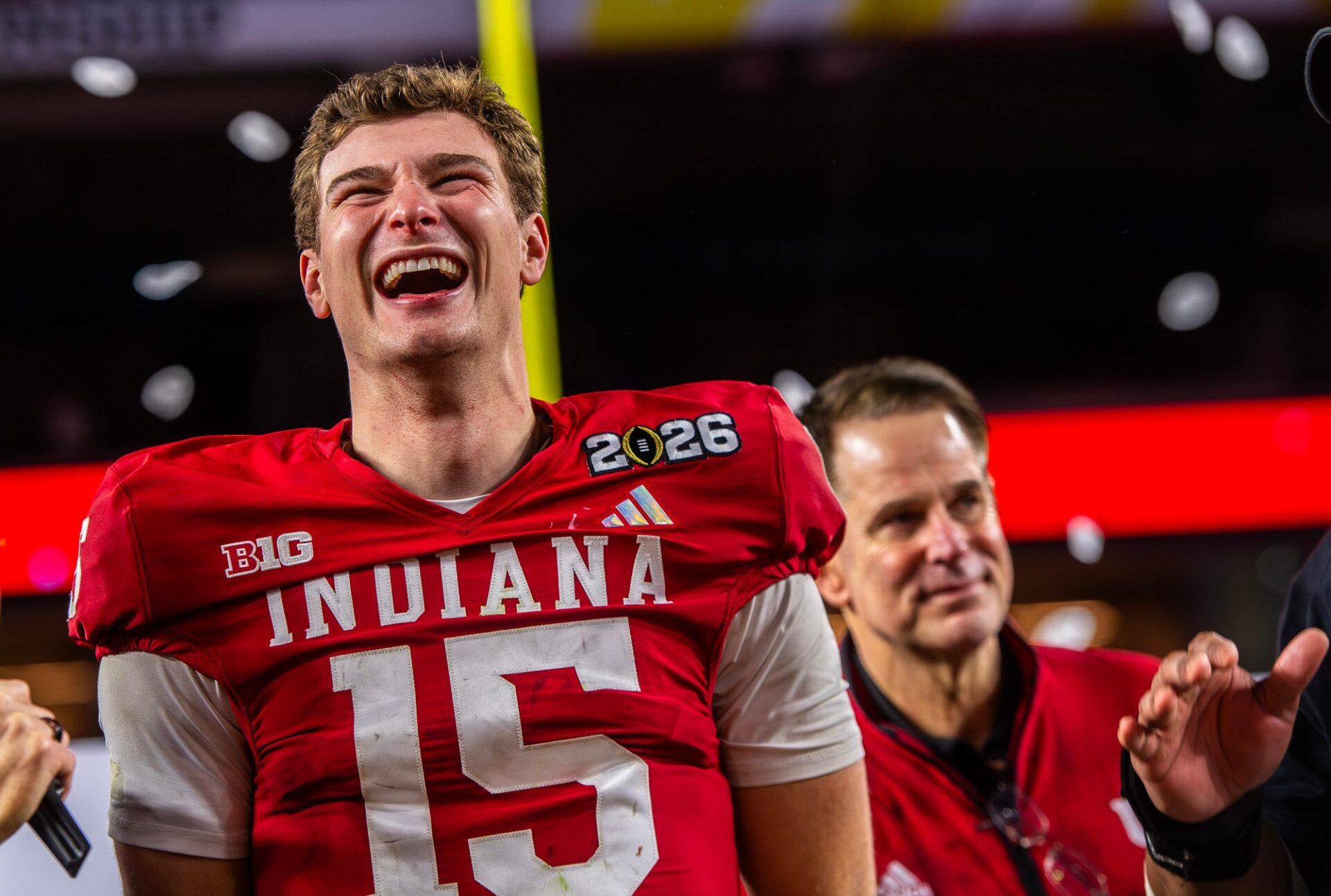 Indiana's Fernando Mendoza (15) smiles as he celebrates after the College Football Playoff National Championship college football game at Hard Rock Stadium in Miami Gardens on Monday, Jan. 19, 2026.