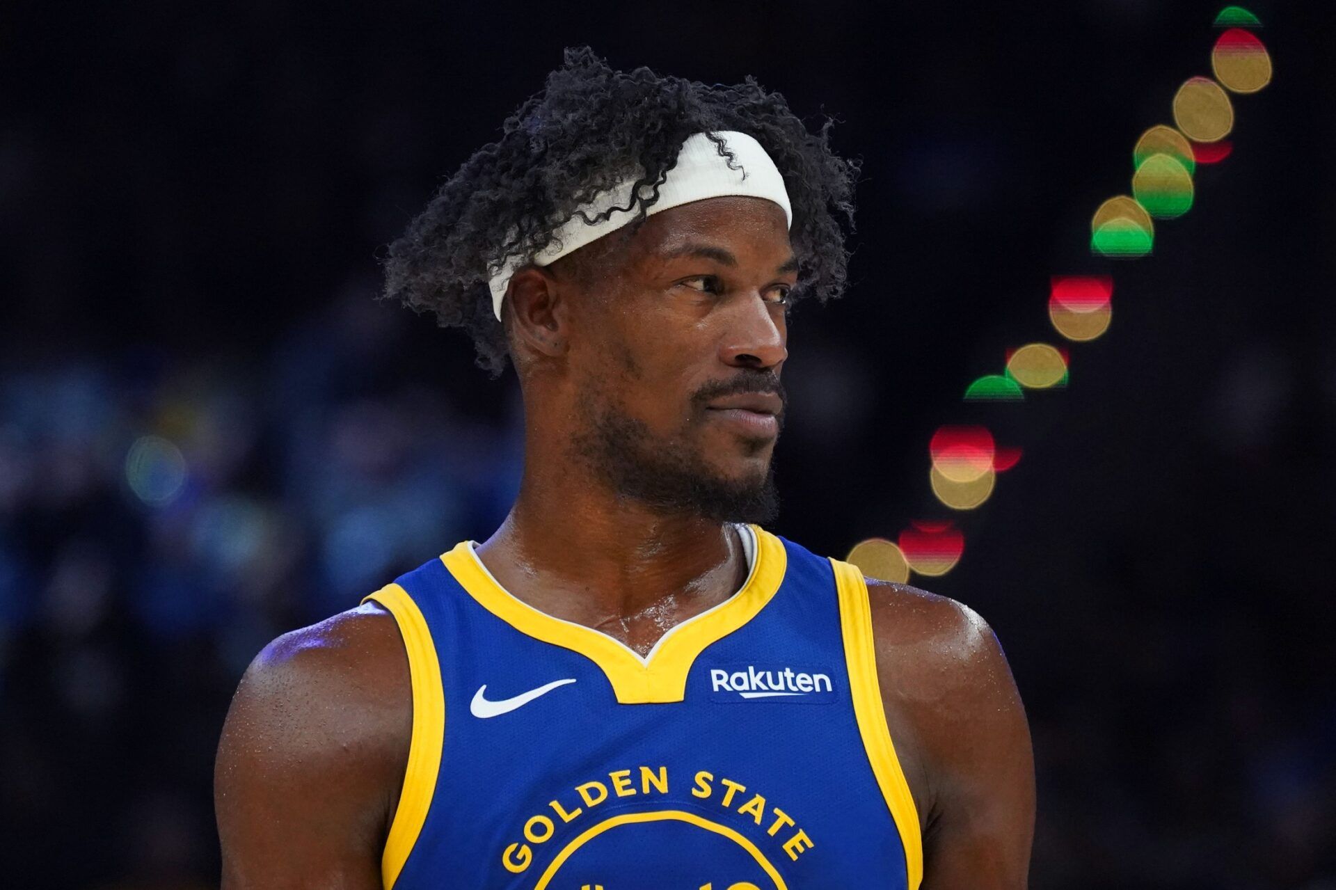 Golden State Warriors forward Jimmy Butler III (10) waits for play to resume against the Portland Trail Blazers in the second quarter at Chase Center.