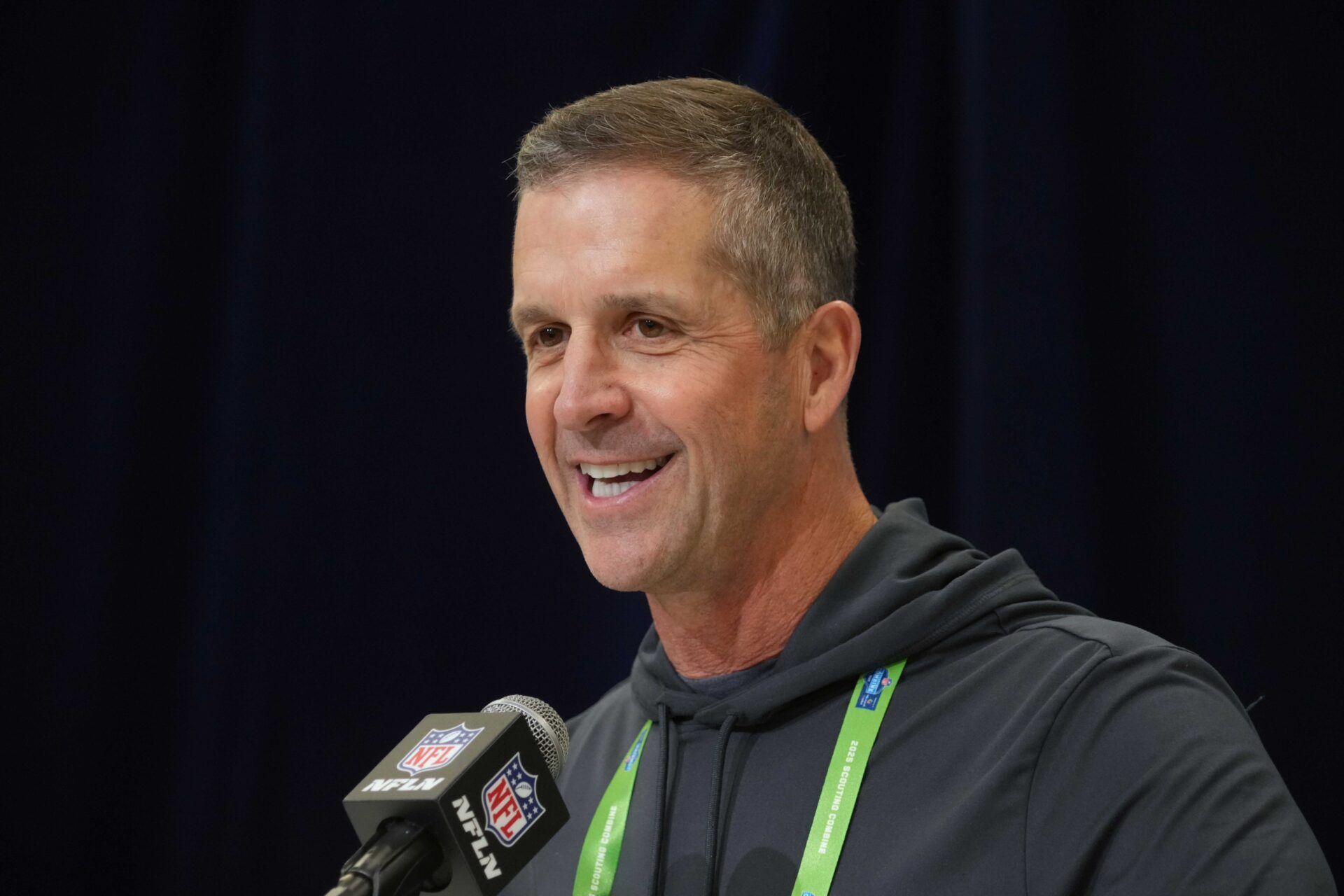 Baltimore Ravens coach John Harbaugh speaks during the NFL Scouting Combine at the Indiana Convention Center.