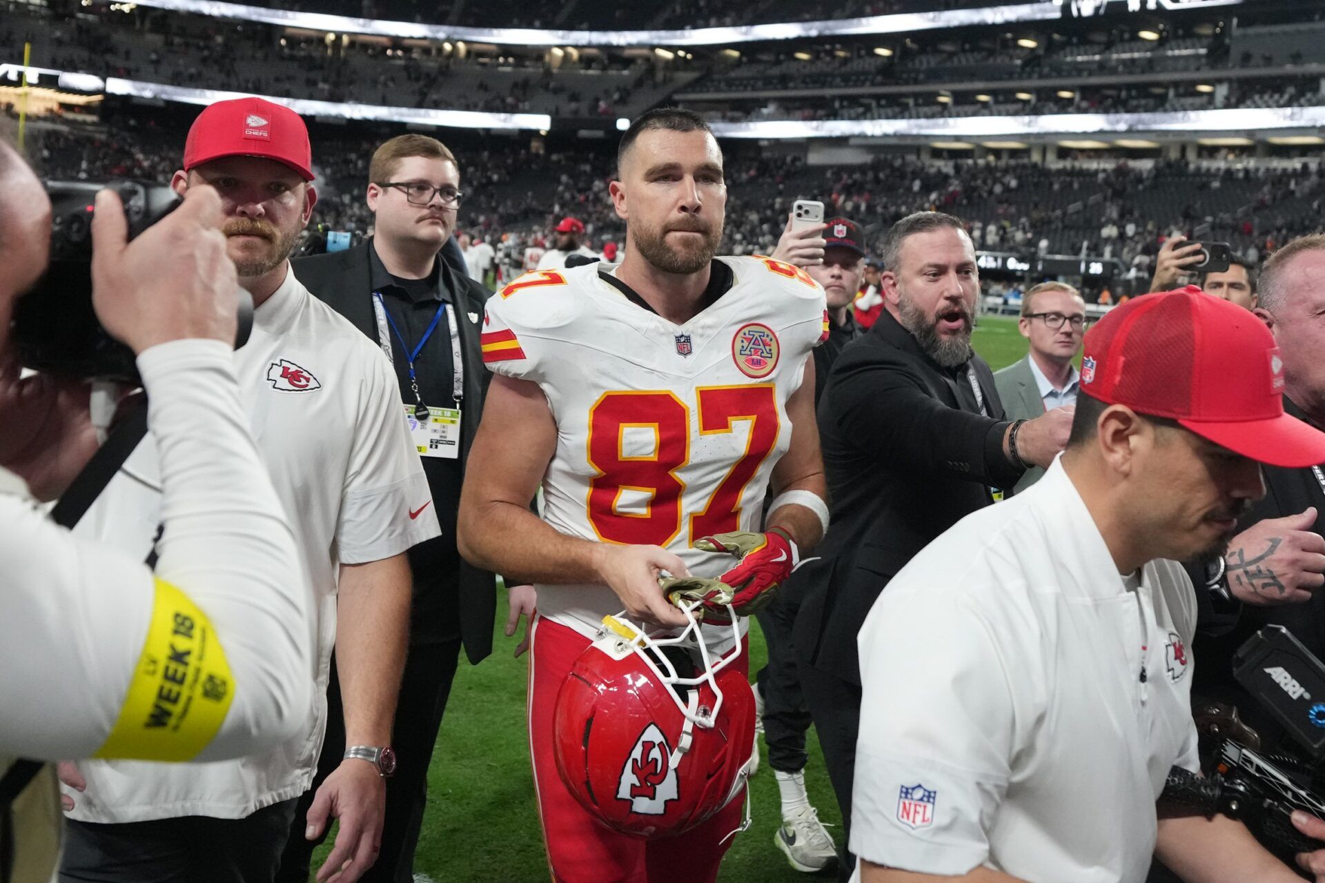 Kansas City Chiefs tight end Travis Kelce (87) leaves the field after the game against the Las Vegas Raiders at Allegiant Stadium.