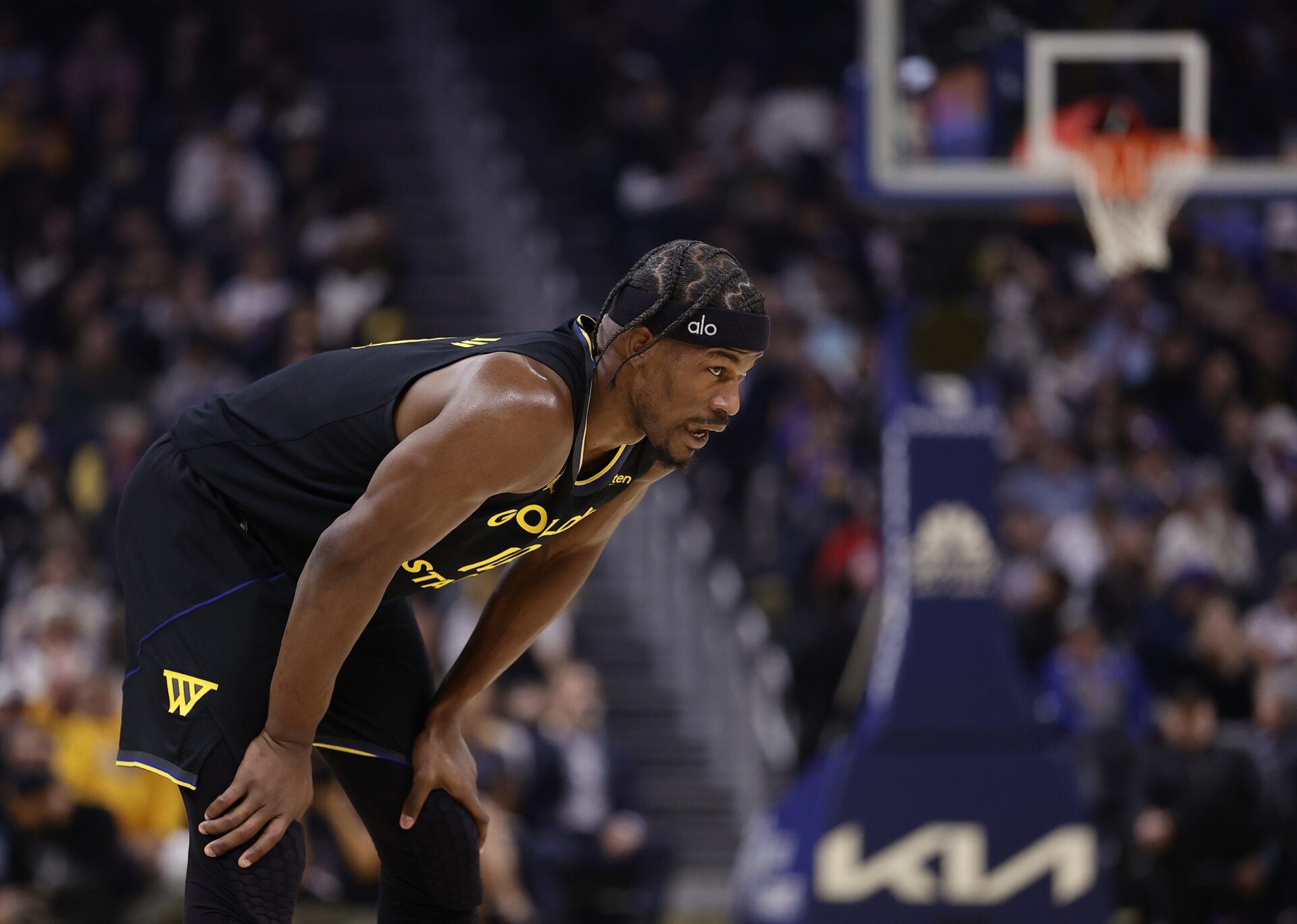 Golden State Warriors forward Jimmy Butler III (10) between plays against the Miami Heat during the first quarter at Chase Center.