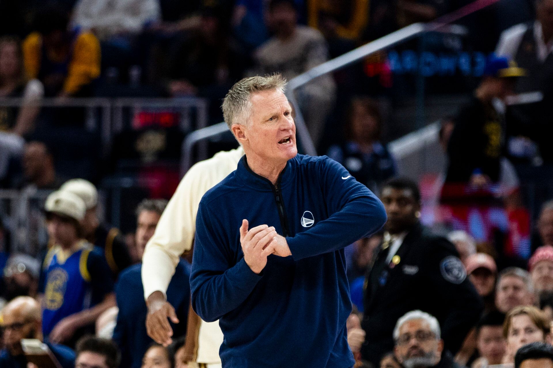 Golden State Warriors head coach Steve Kerr reacts after a foul is called in favor of the Charlotte Hornets during the third quarter at Chase Center.