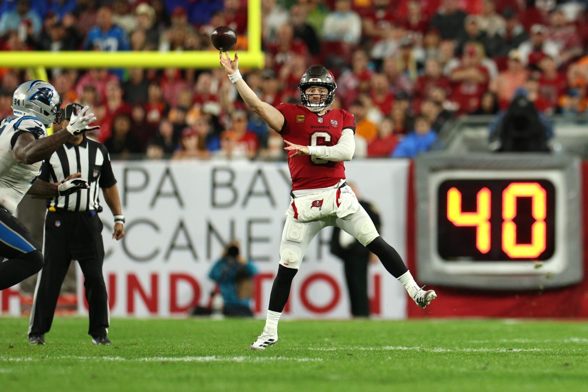 Tampa Bay Buccaneers quarterback Baker Mayfield (6) passes against the Carolina Panthers in the second half at Raymond James Stadium.
