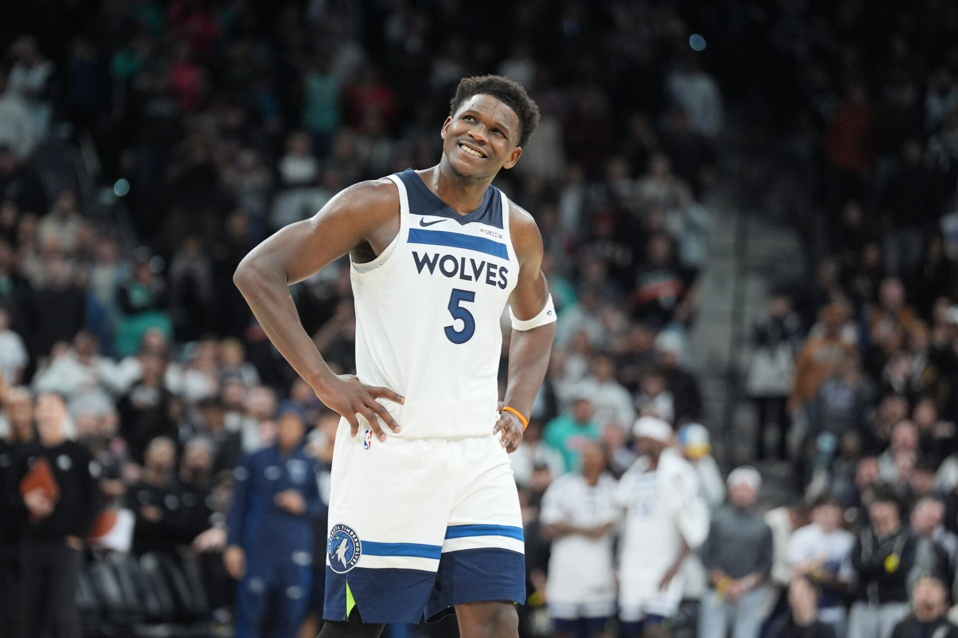 Minnesota Timberwolves guard Anthony Edwards (5) looks up in the second half against the San Antonio Spurs at Frost Bank Center.