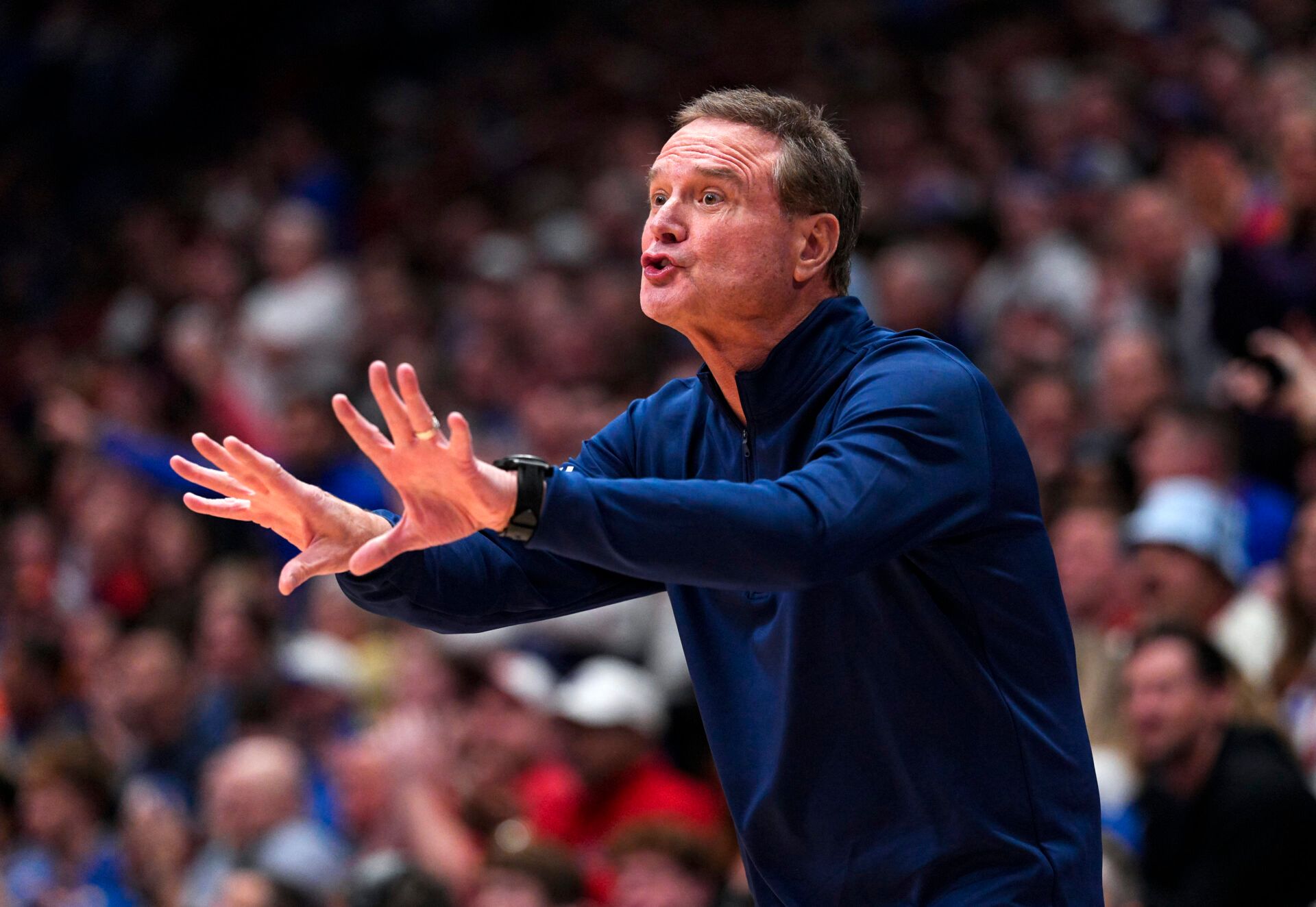 Kansas Jayhawks head coach Bill Self reacts during the first half against the Iowa State Cyclones at Allen Fieldhouse.