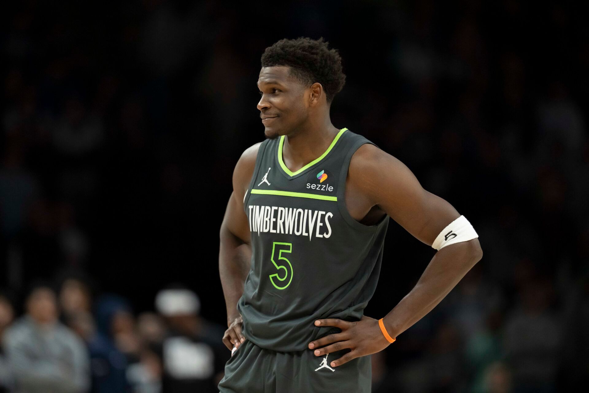 Minnesota Timberwolves guard Anthony Edwards (5) looks on against the San Antonio Spurs in the second half at Target Center.