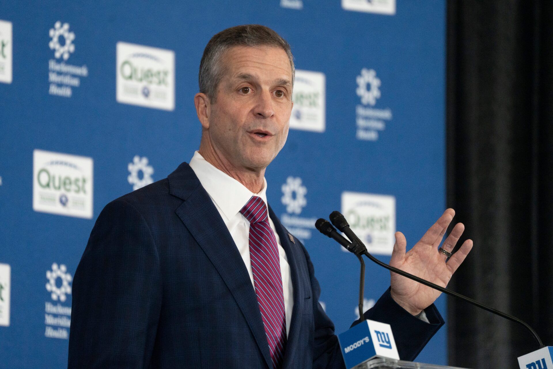 New Giants Head Coach John Harbaugh speaks during a press conference welcoming Harbaugh at the Quest Diagnostics Training Center in East Rutherford on Tuesday, Jan. 20, 2025.