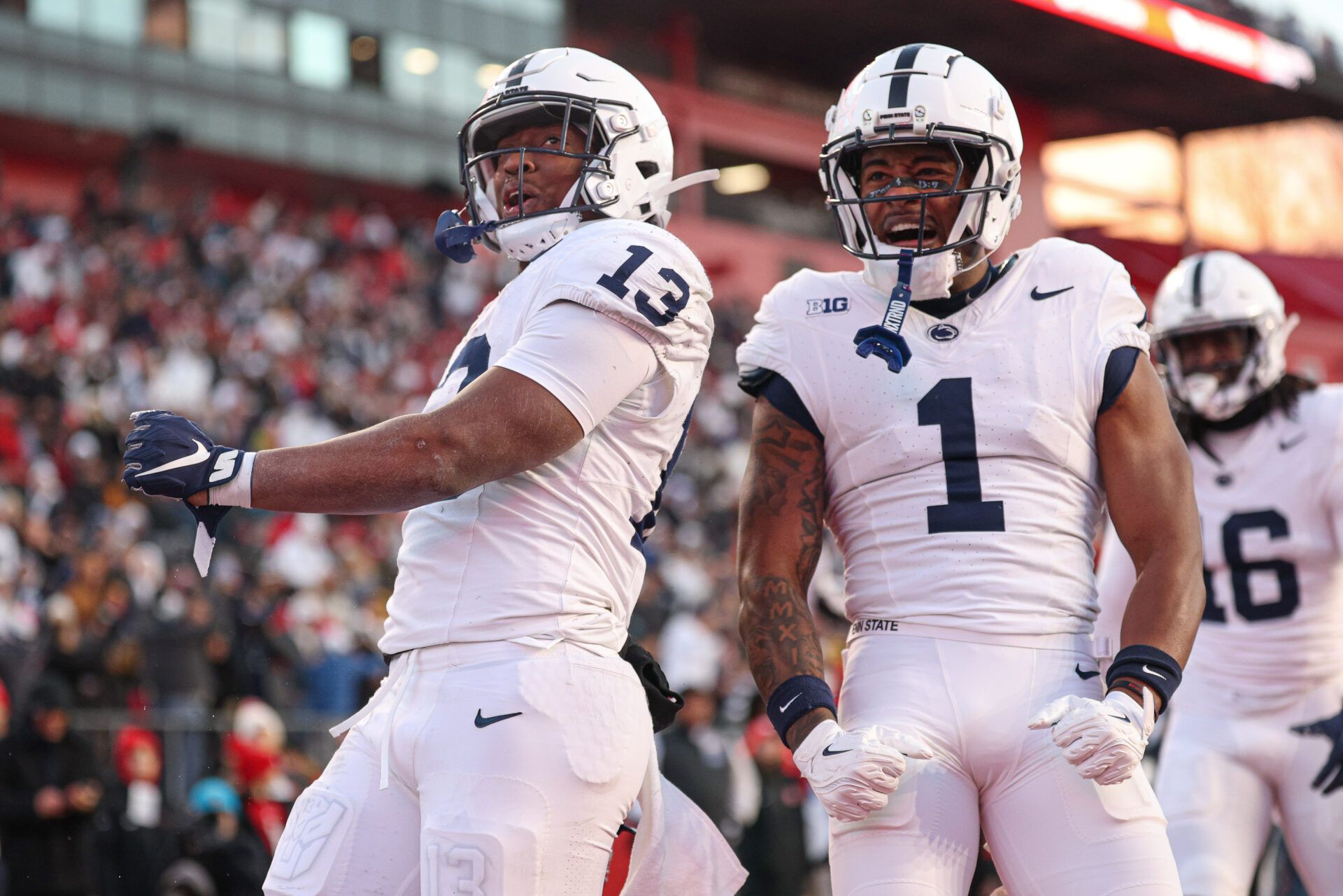 Penn State Nittany Lions running back Kaytron Allen (13) reacts after a rushing touchdown during the first half against the Rutgers Scarlet Knights at SHI Stadium.