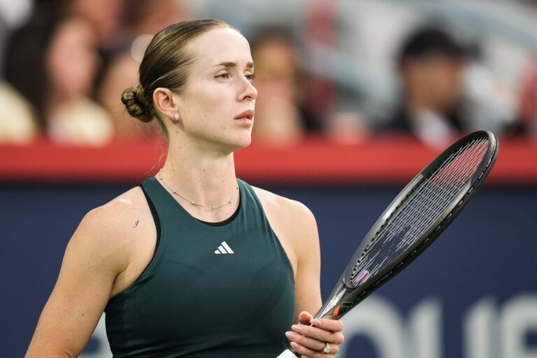 Elina Svitolina (UKR) looks on against Naomi Osaka (JPN) in quarterfinal play at IGA Stadium.