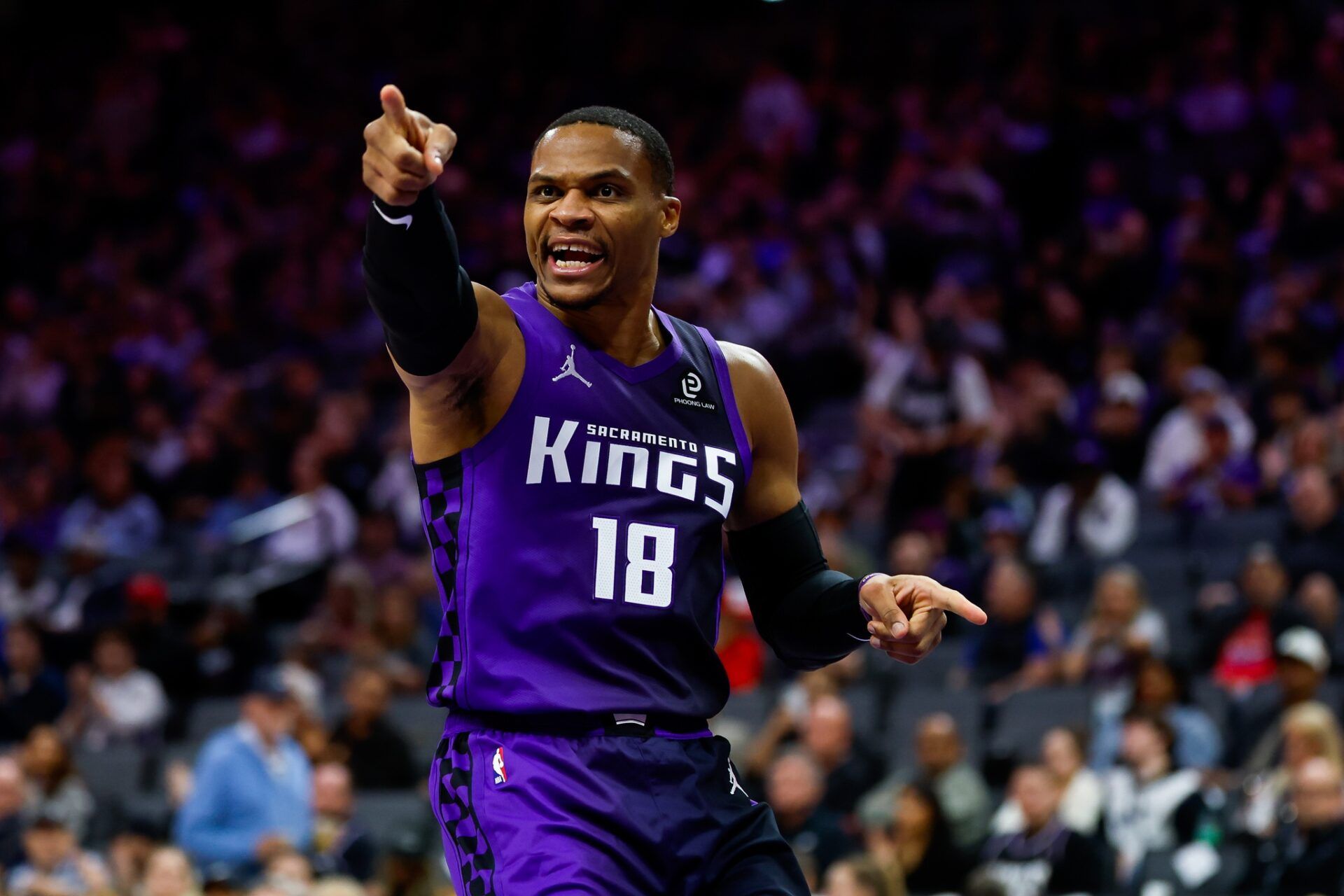 Sacramento Kings guard Russell Westbrook (18) reacts after a play during the third quarter against the Washington Wizards at Golden 1 Center.